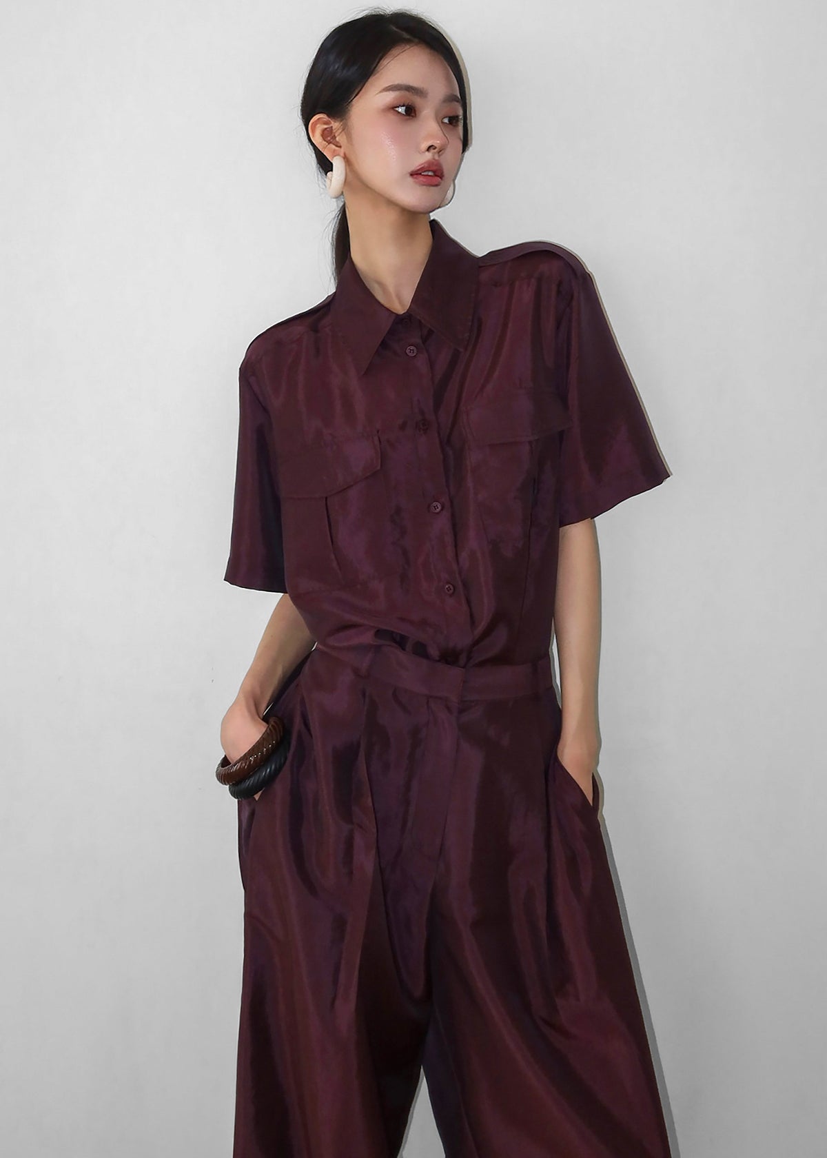 Aduna Satin Utility Shirt - Burgundy