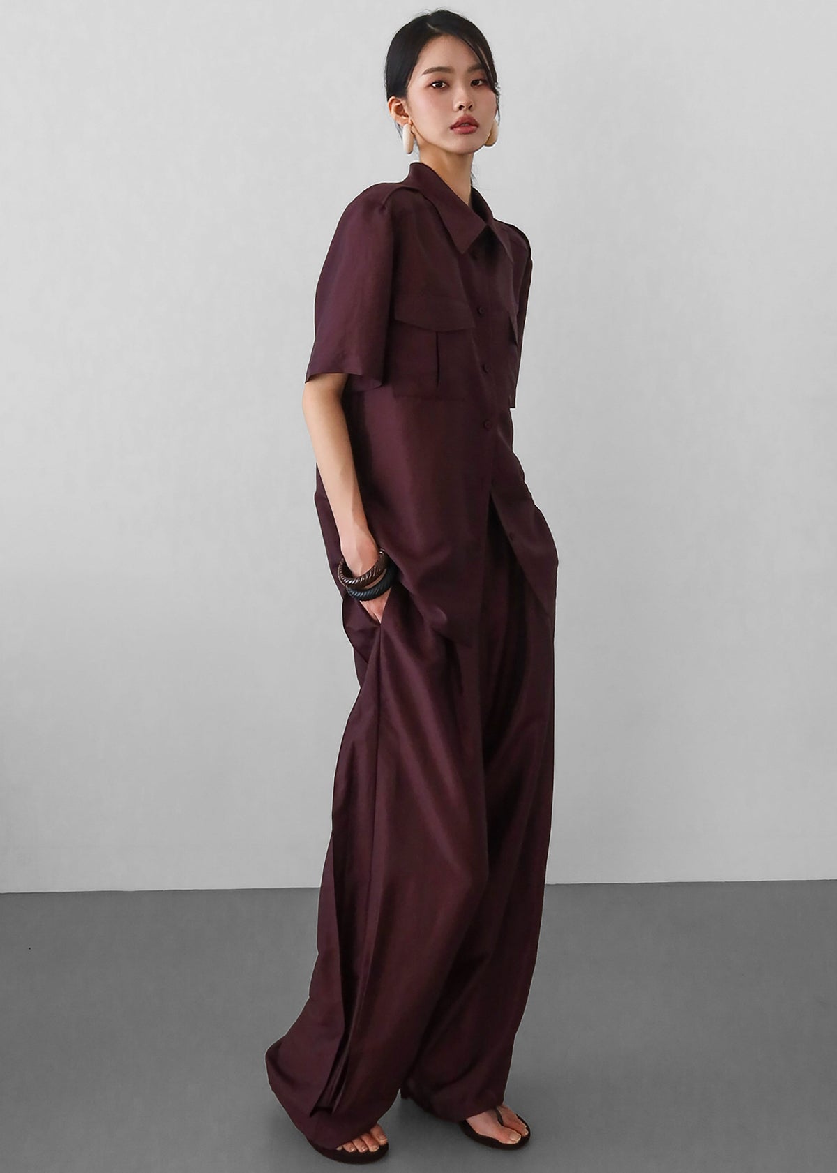 Aduna Satin Utility Shirt - Burgundy