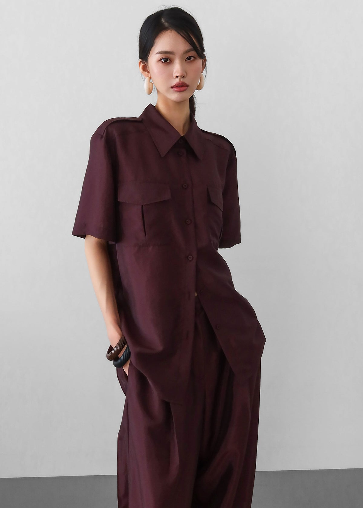Aduna Satin Utility Shirt - Burgundy