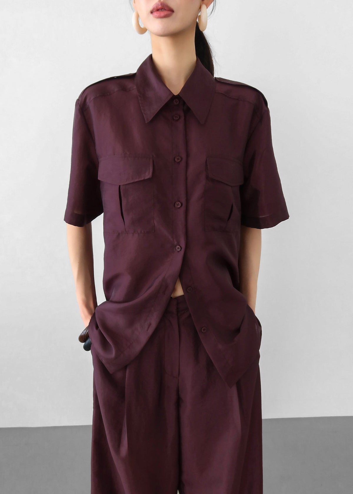 Aduna Satin Utility Shirt - Burgundy