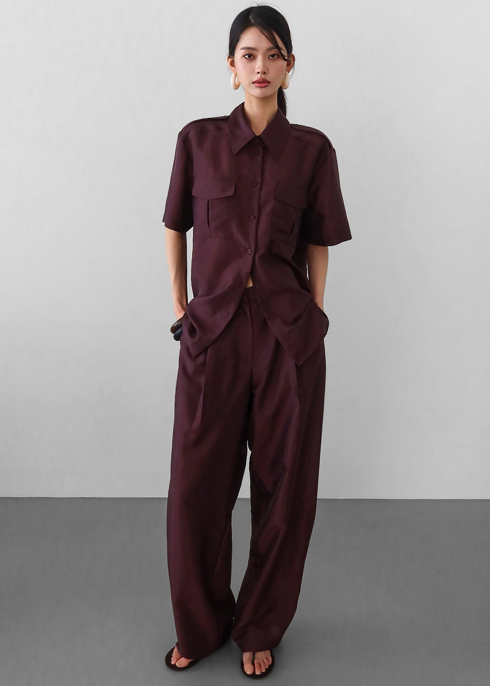 Shop the look image for Aduna Satin Utility Shirt - Burgundy
