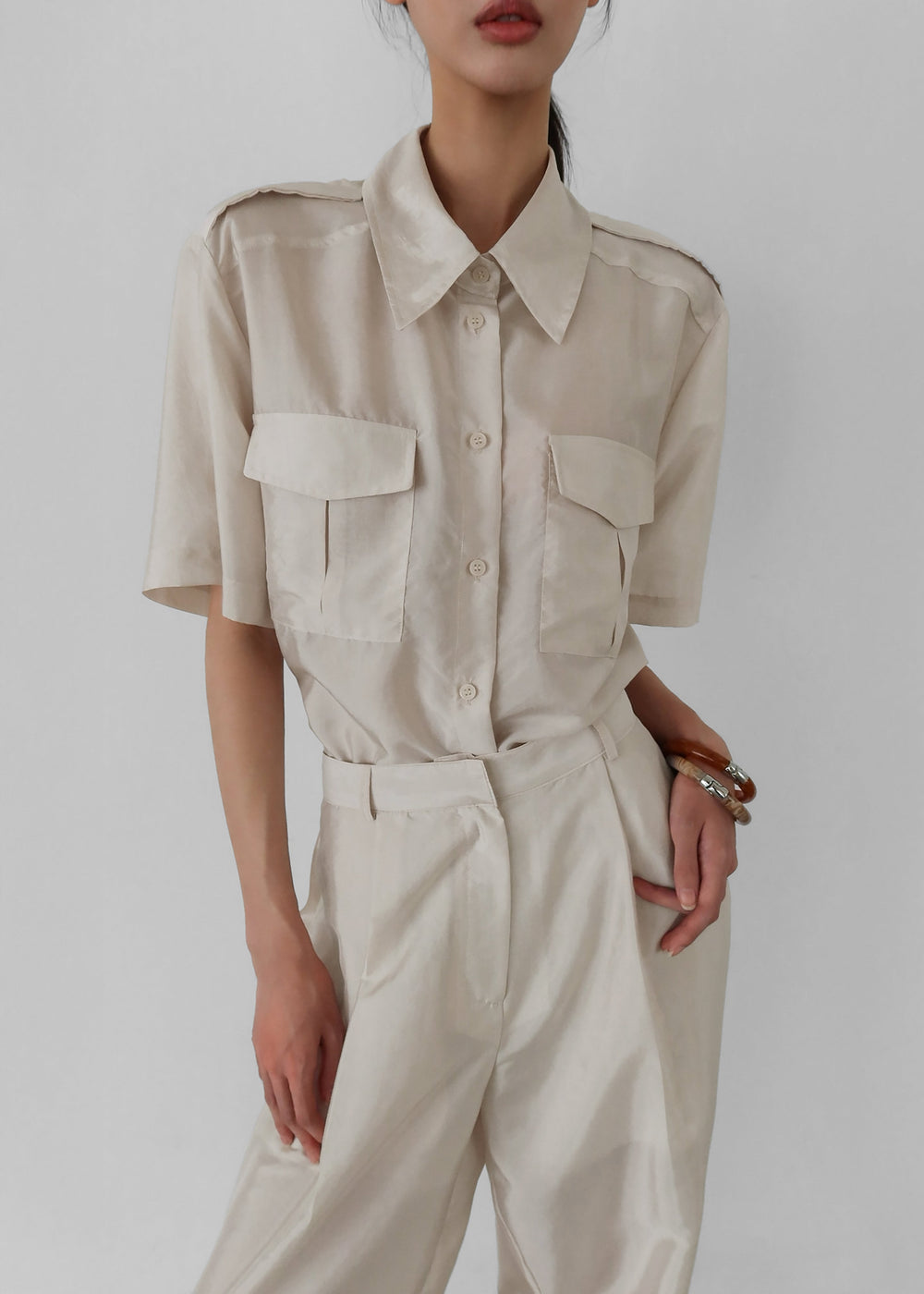 Aduna Satin Utility Shirt - Light Beige - 1