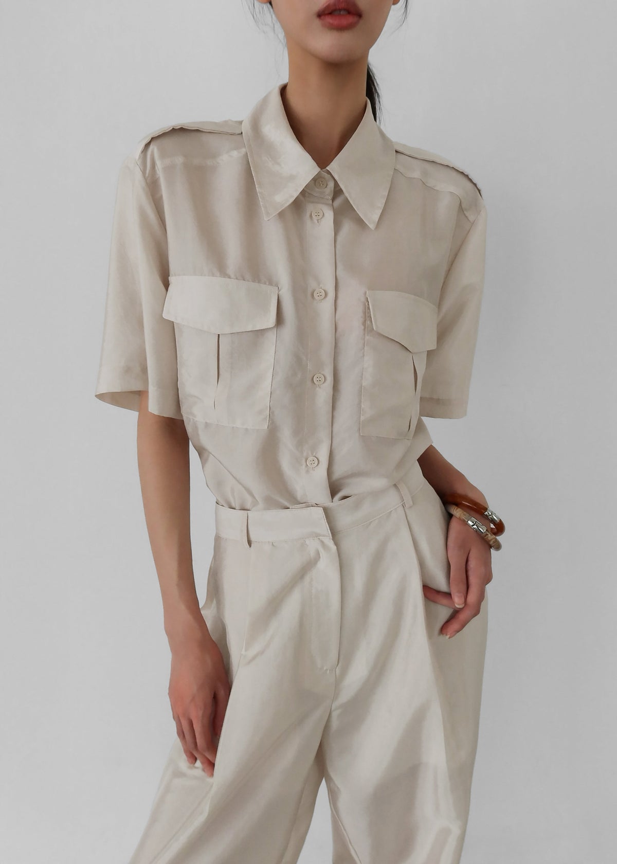 Aduna Satin Utility Shirt - Light Beige - 2