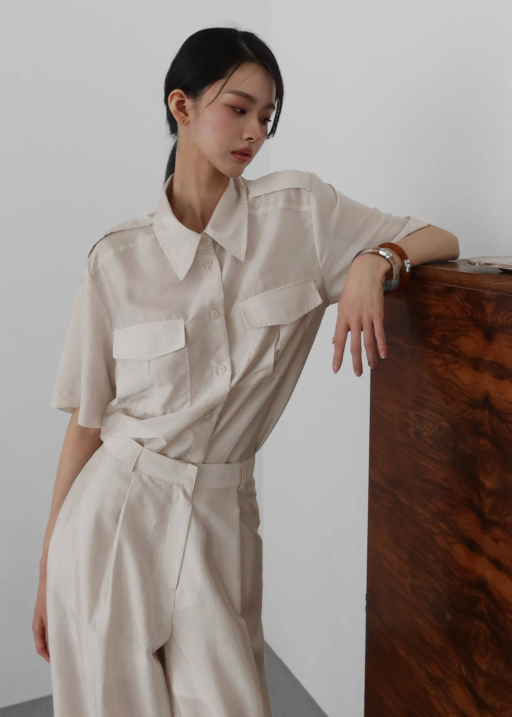 Aduna Satin Utility Shirt - Light Beige