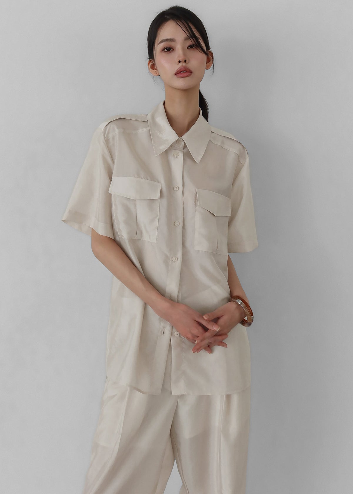 Aduna Satin Utility Shirt - Light Beige - 5