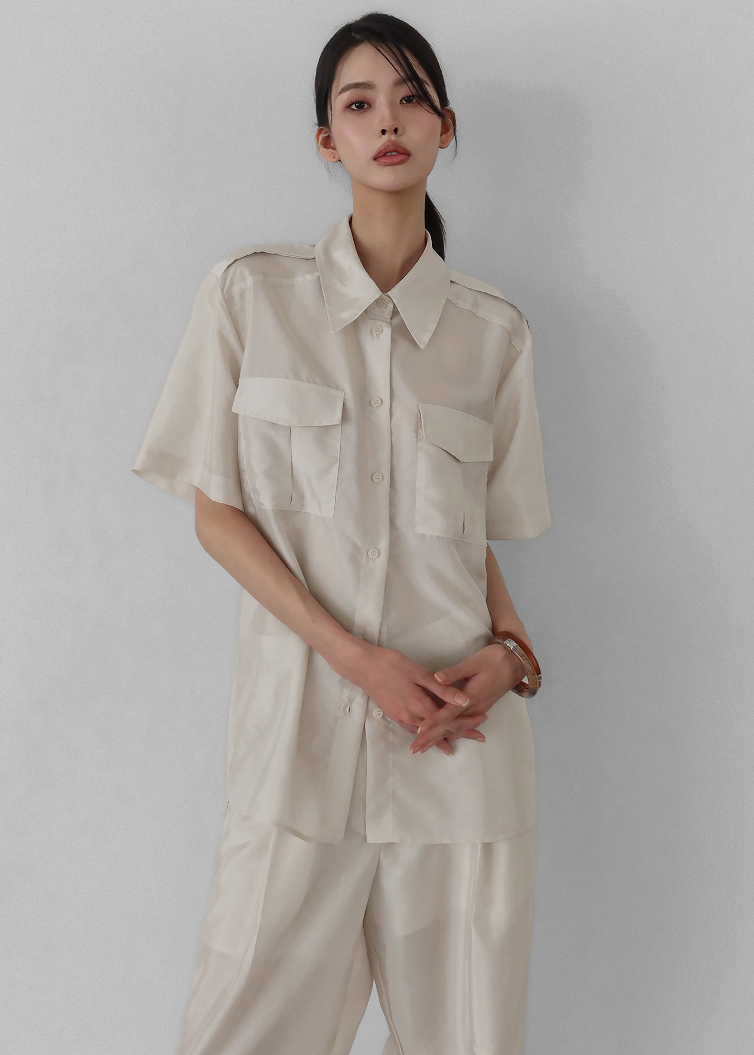 Aduna Satin Utility Shirt - Light Beige - 5