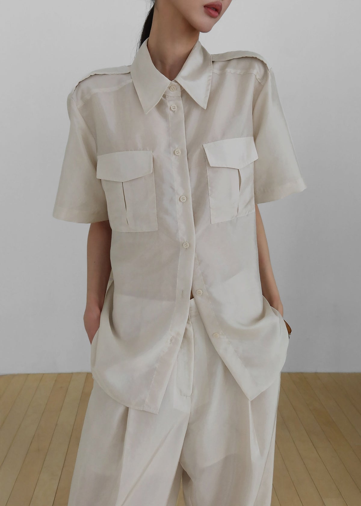 Aduna Satin Utility Shirt - Light Beige - 4