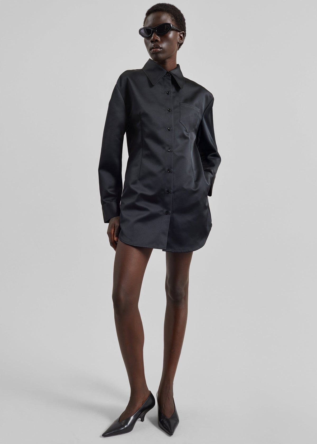 Akita Satin Cinched Shirt Dress - Black - 3