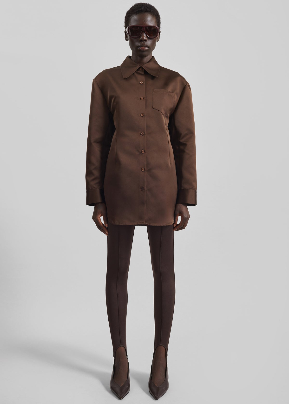 Akita Satin Cinched Shirt Dress - Brown - 4