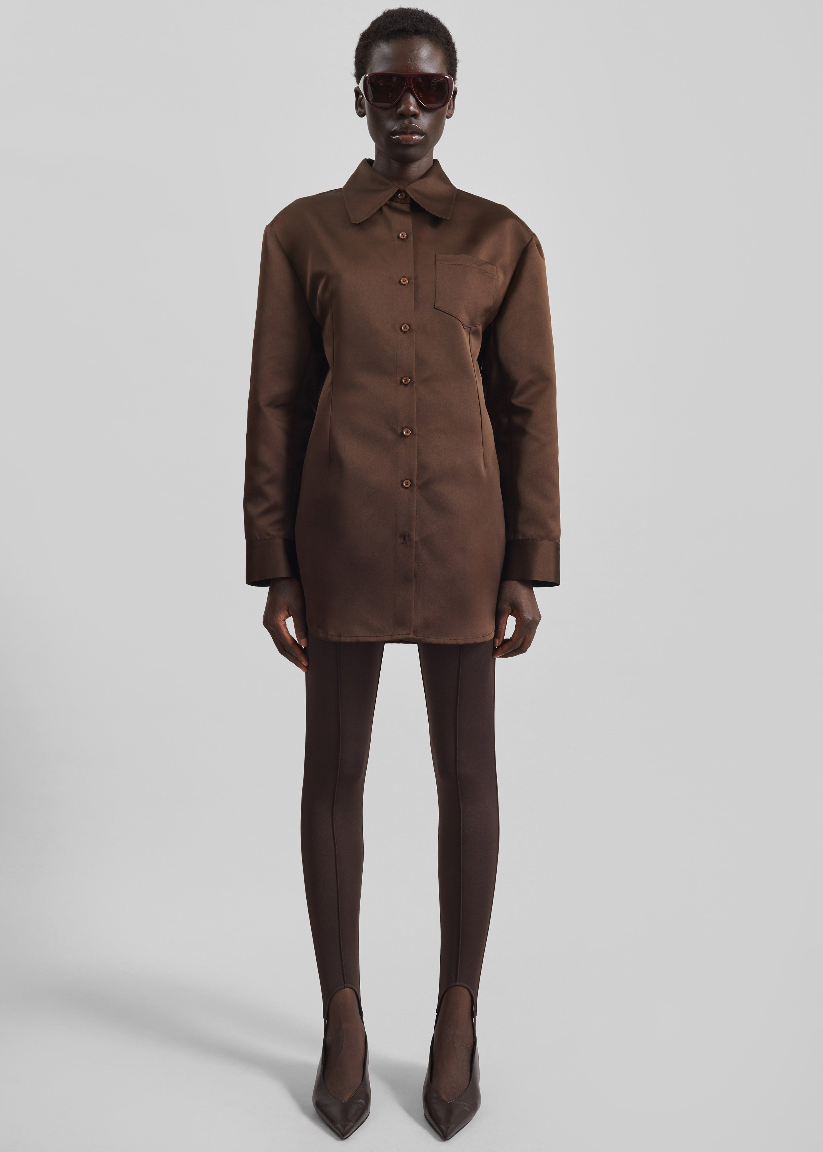 Akita Satin Cinched Shirt Dress - Brown - 4