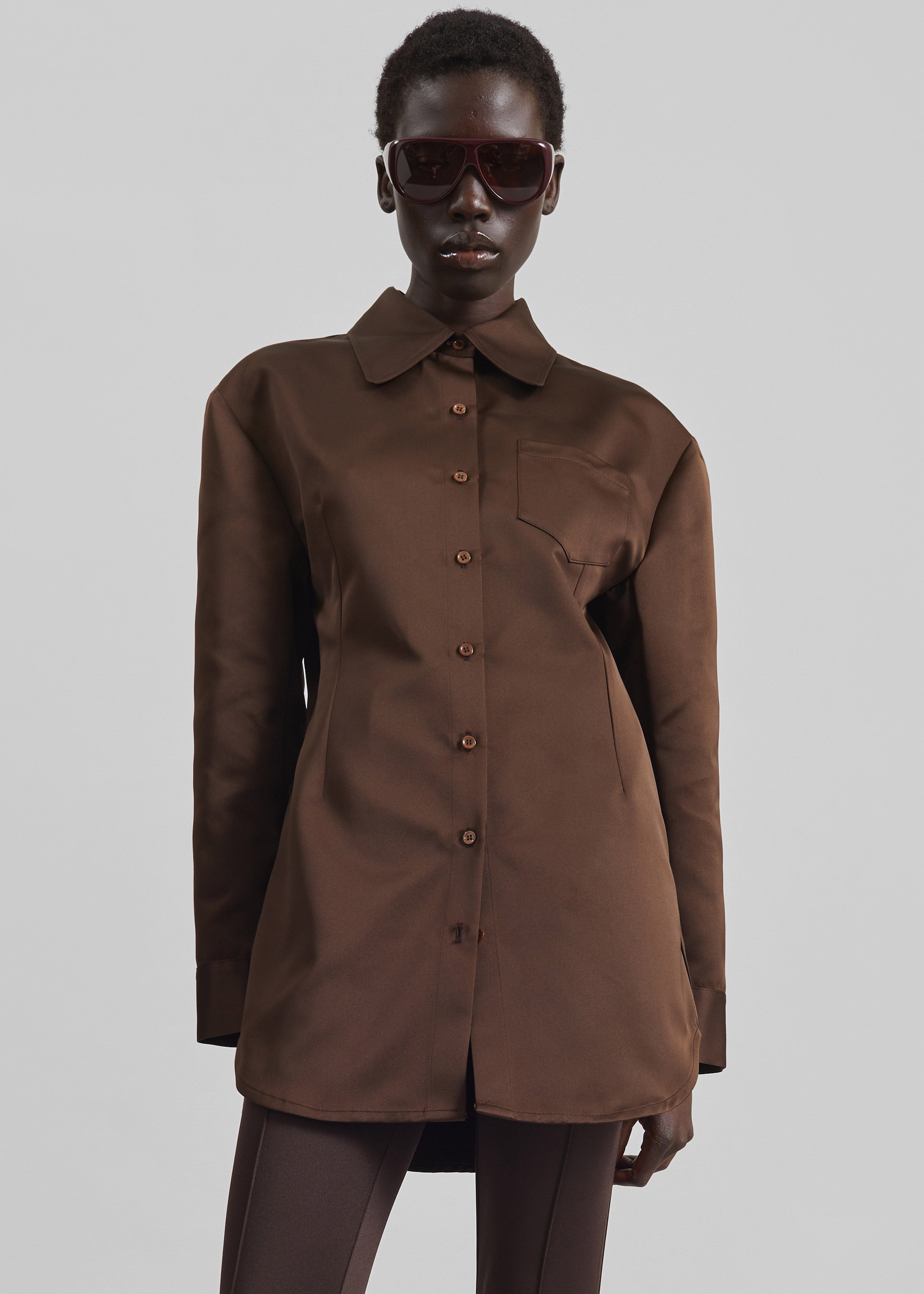 Akita Satin Cinched Shirt Dress - Brown - 1