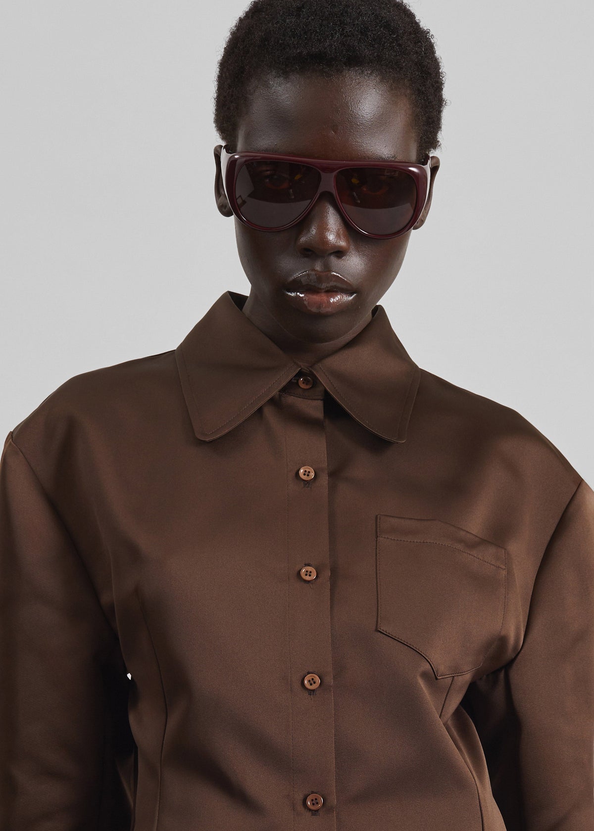 Akita Satin Cinched Shirt Dress - Brown - 3