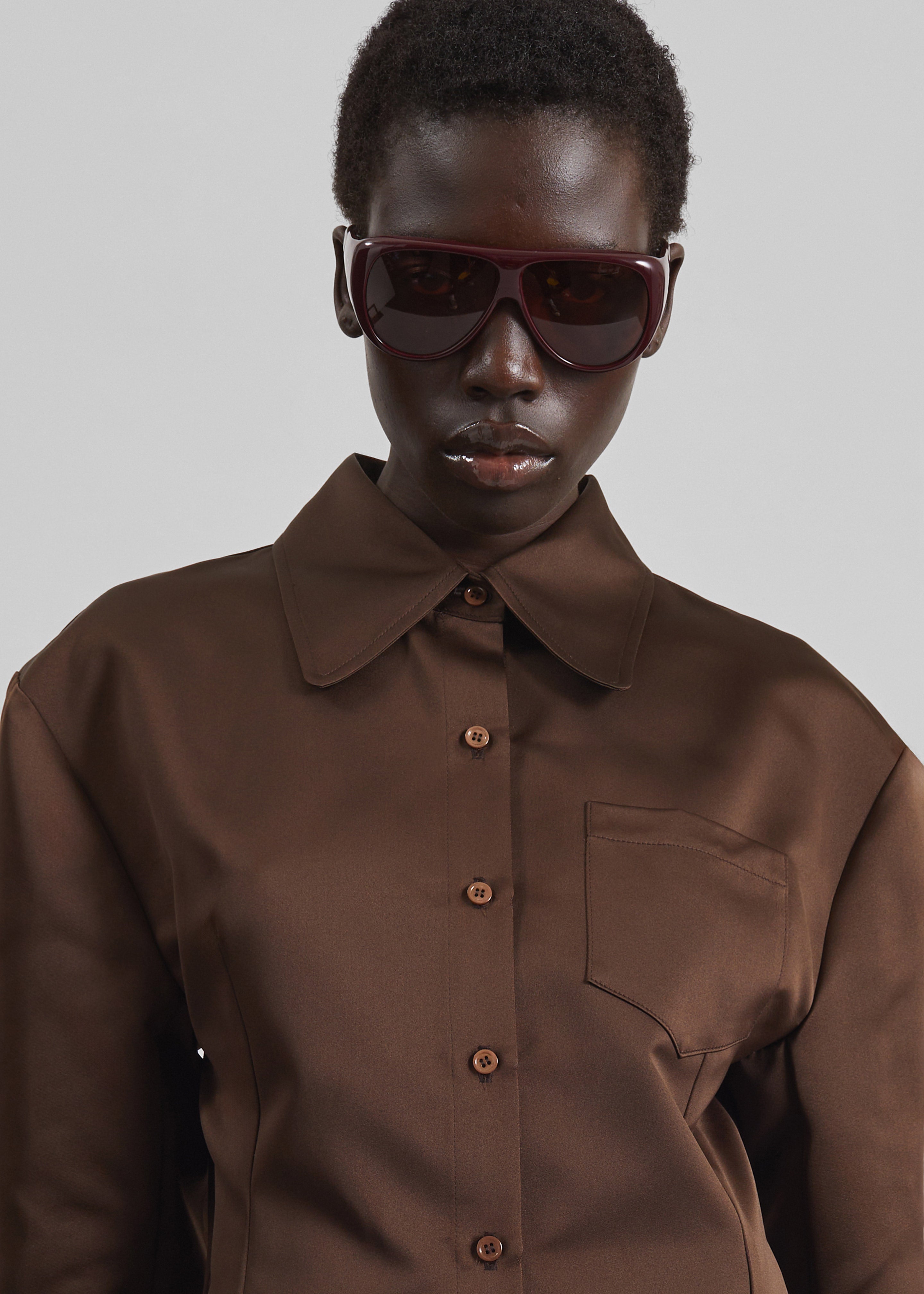 Akita Satin Cinched Shirt Dress - Brown - 3