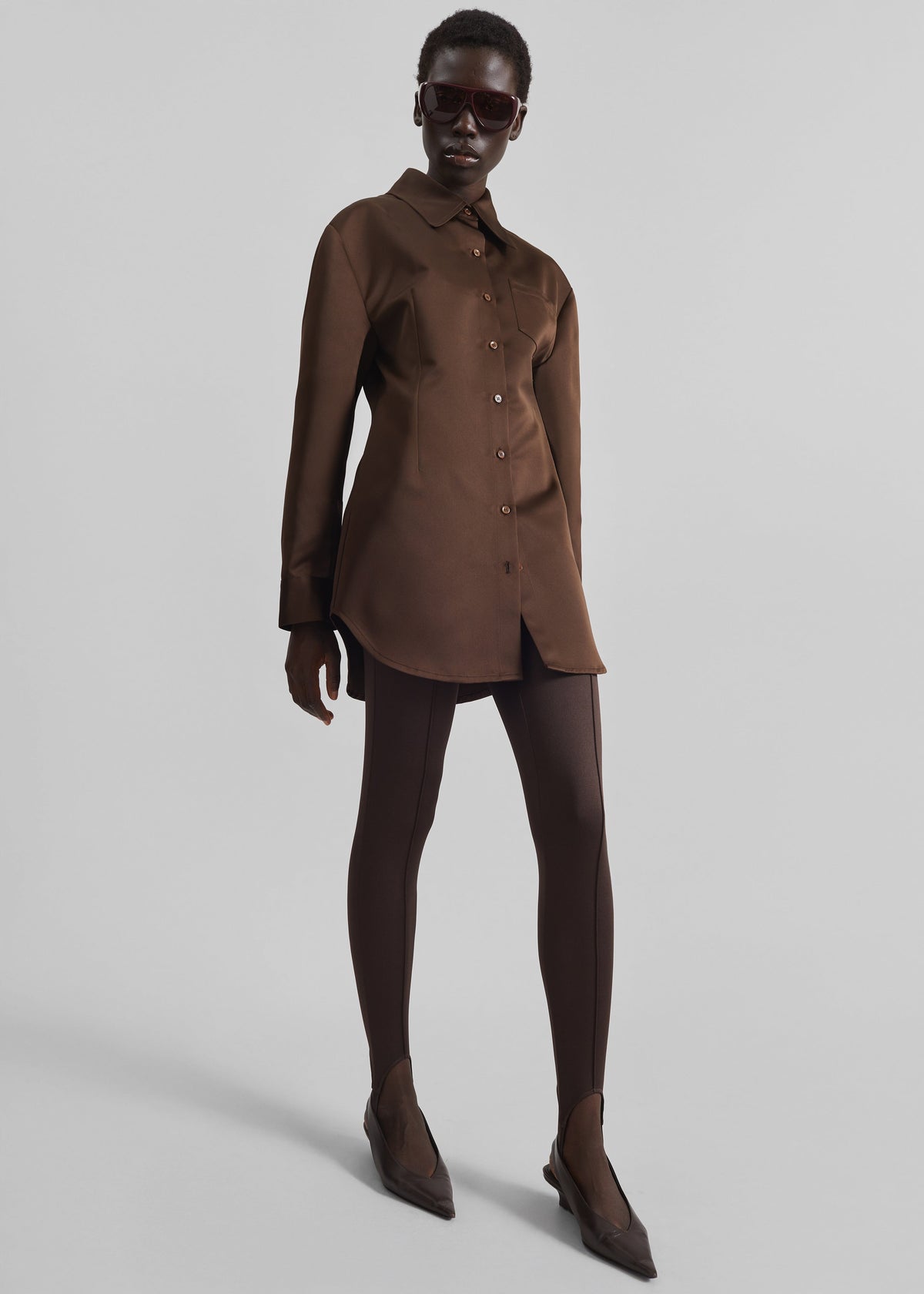 Akita Satin Cinched Shirt Dress - Brown - 2