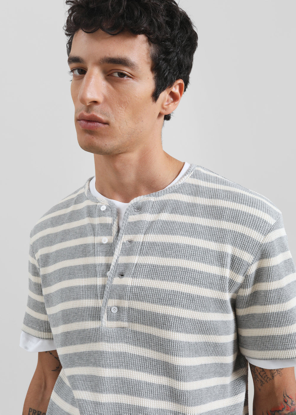 Albury Ribbed Cotton Henley T-Shirt - Grey/White Stripe - 1