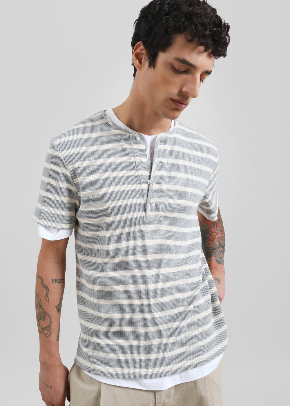 Albury Ribbed Cotton Henley T-Shirt - Grey/White Stripe