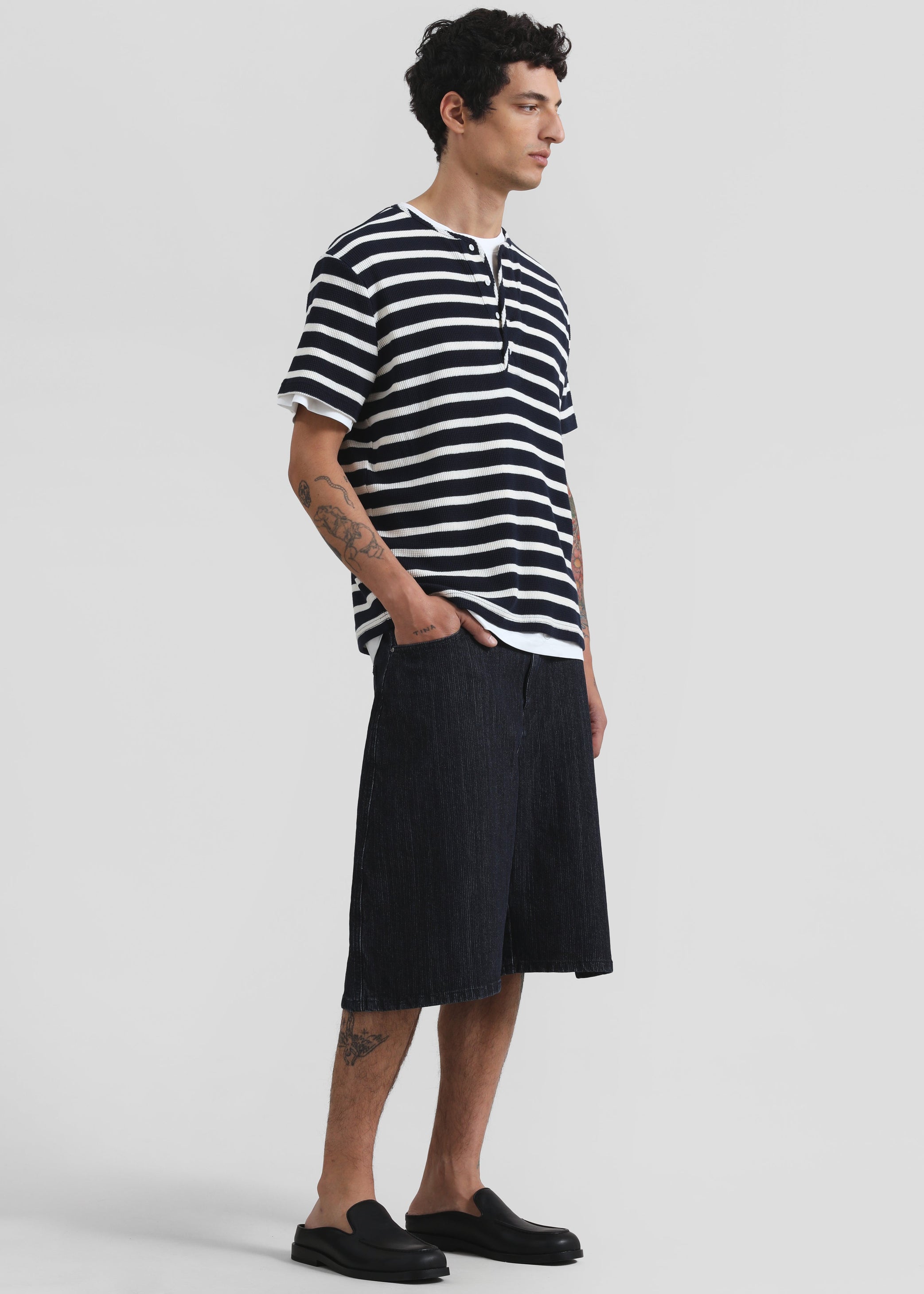 Shop the look image for Albury Ribbed Cotton Henley T-Shirt - Navy/White Stripe