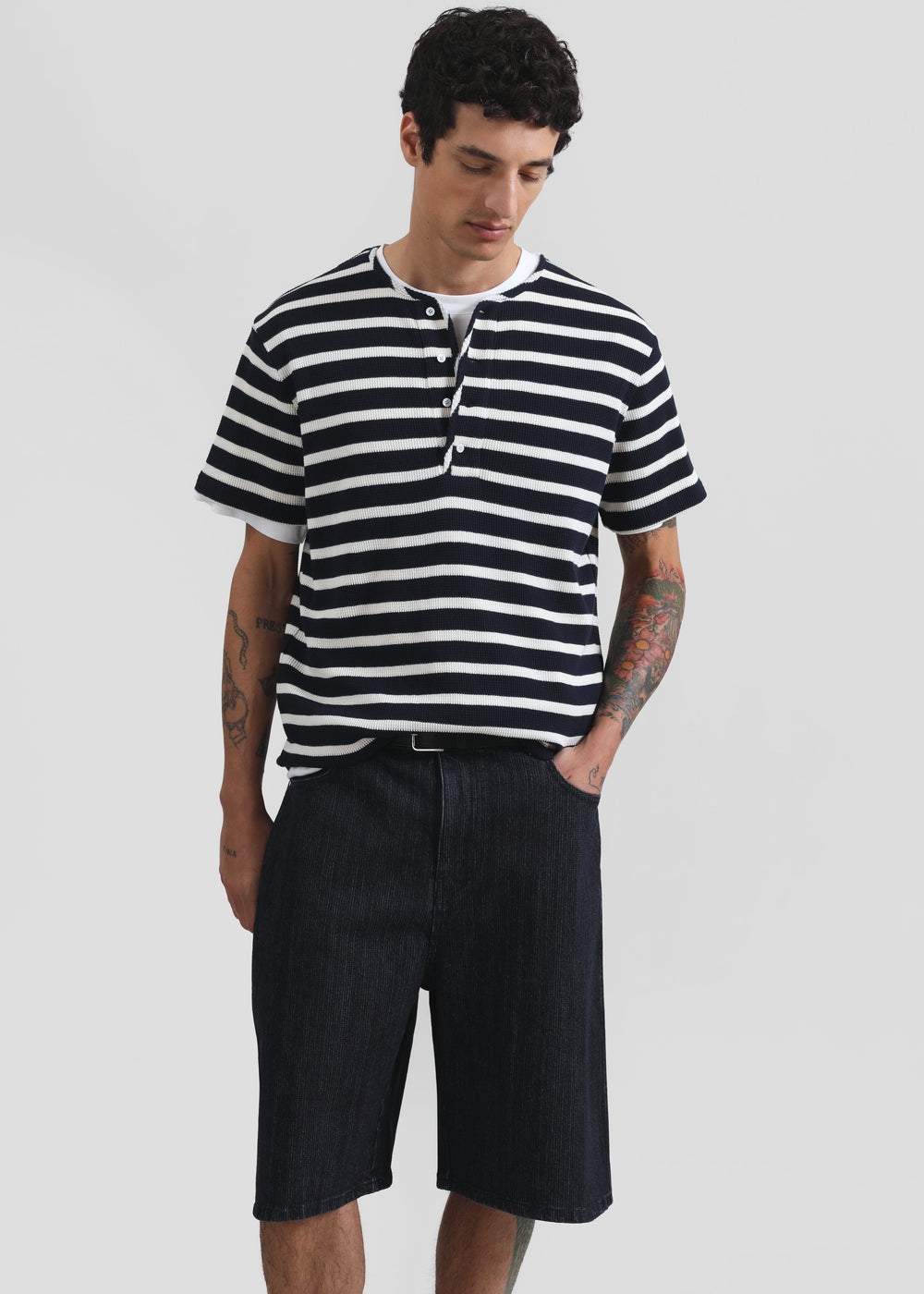 Albury Ribbed Cotton Henley T-Shirt - Navy/White Stripe - 1