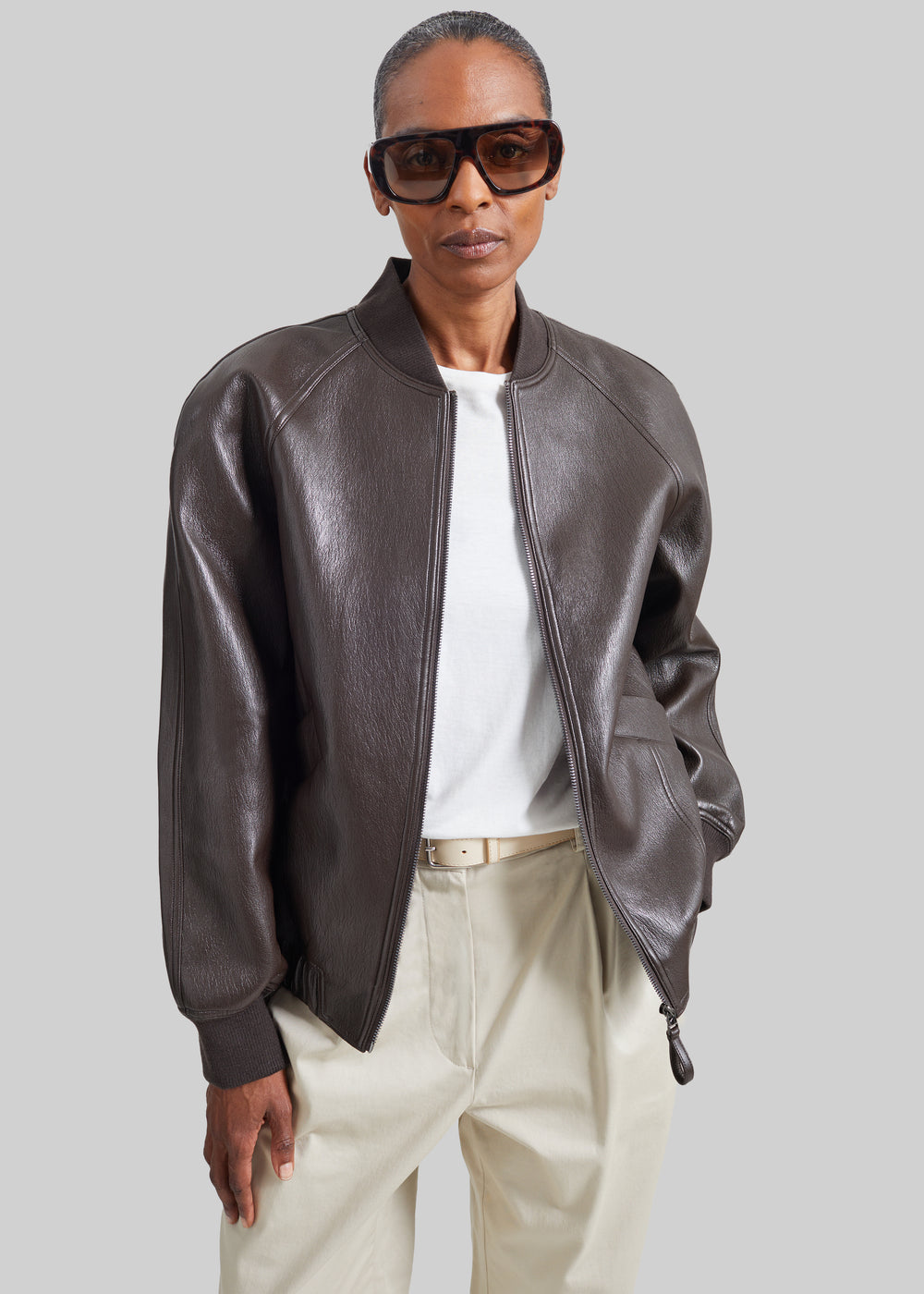 Alena Faux Leather Bomber Jacket - Dark Brown