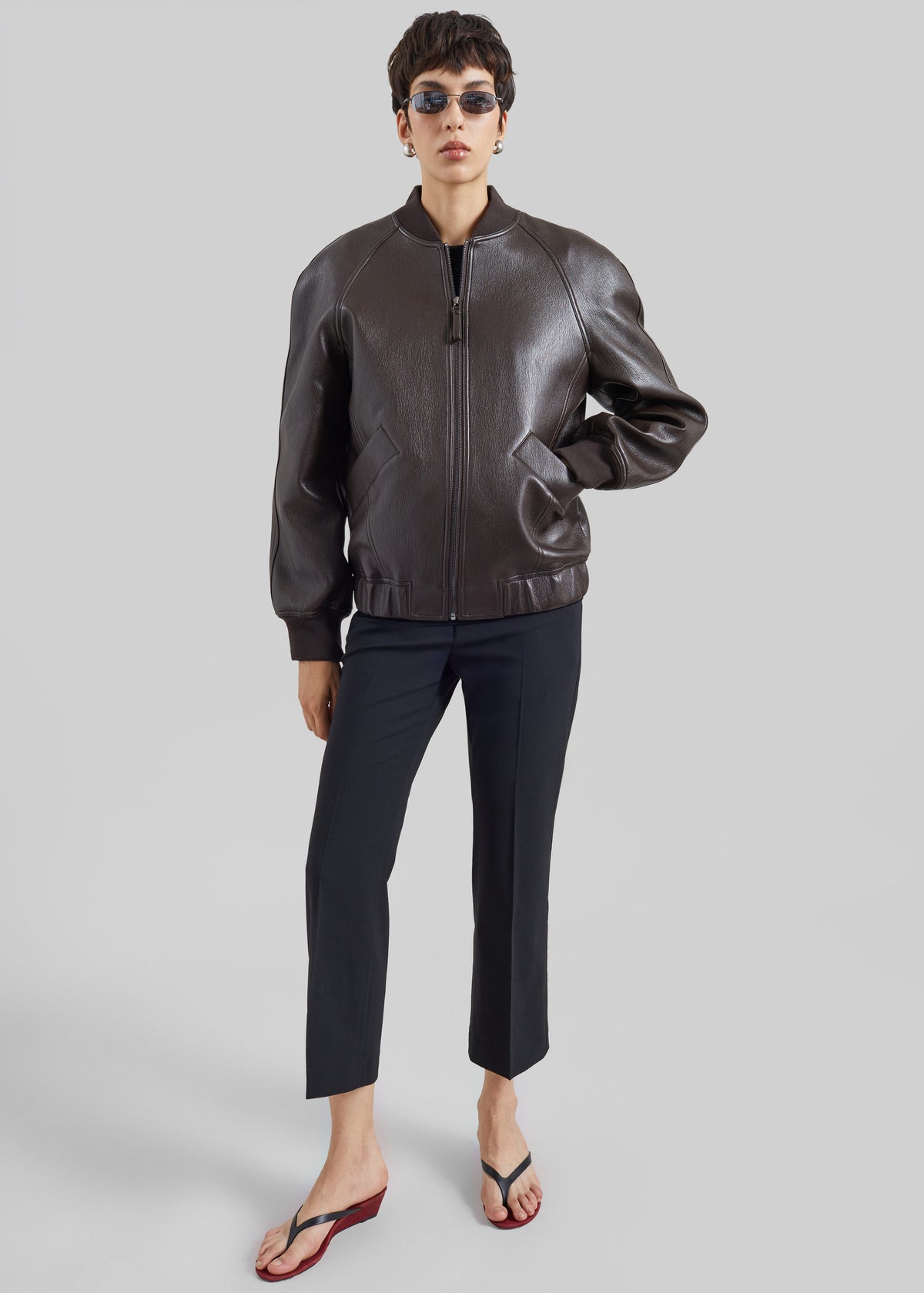 Alena Faux Leather Bomber Jacket - Dark Brown - 2