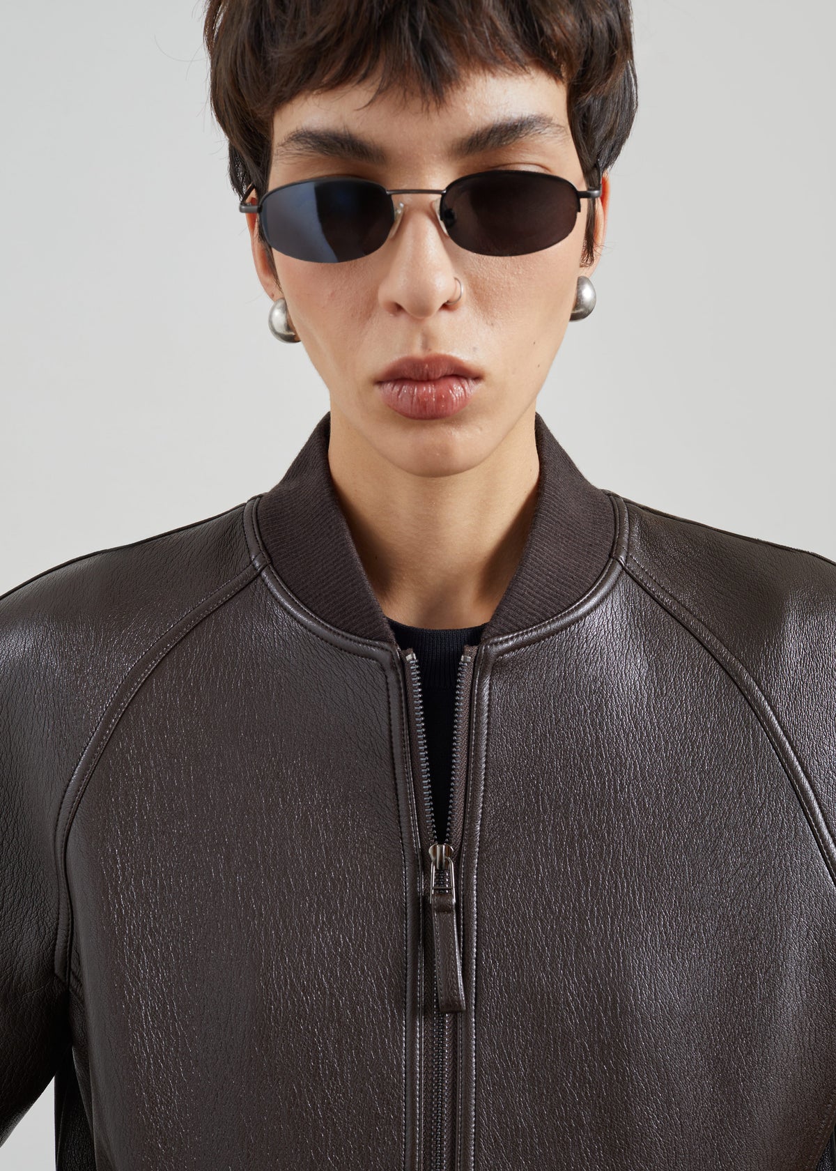 Alena Faux Leather Bomber Jacket - Dark Brown - 3
