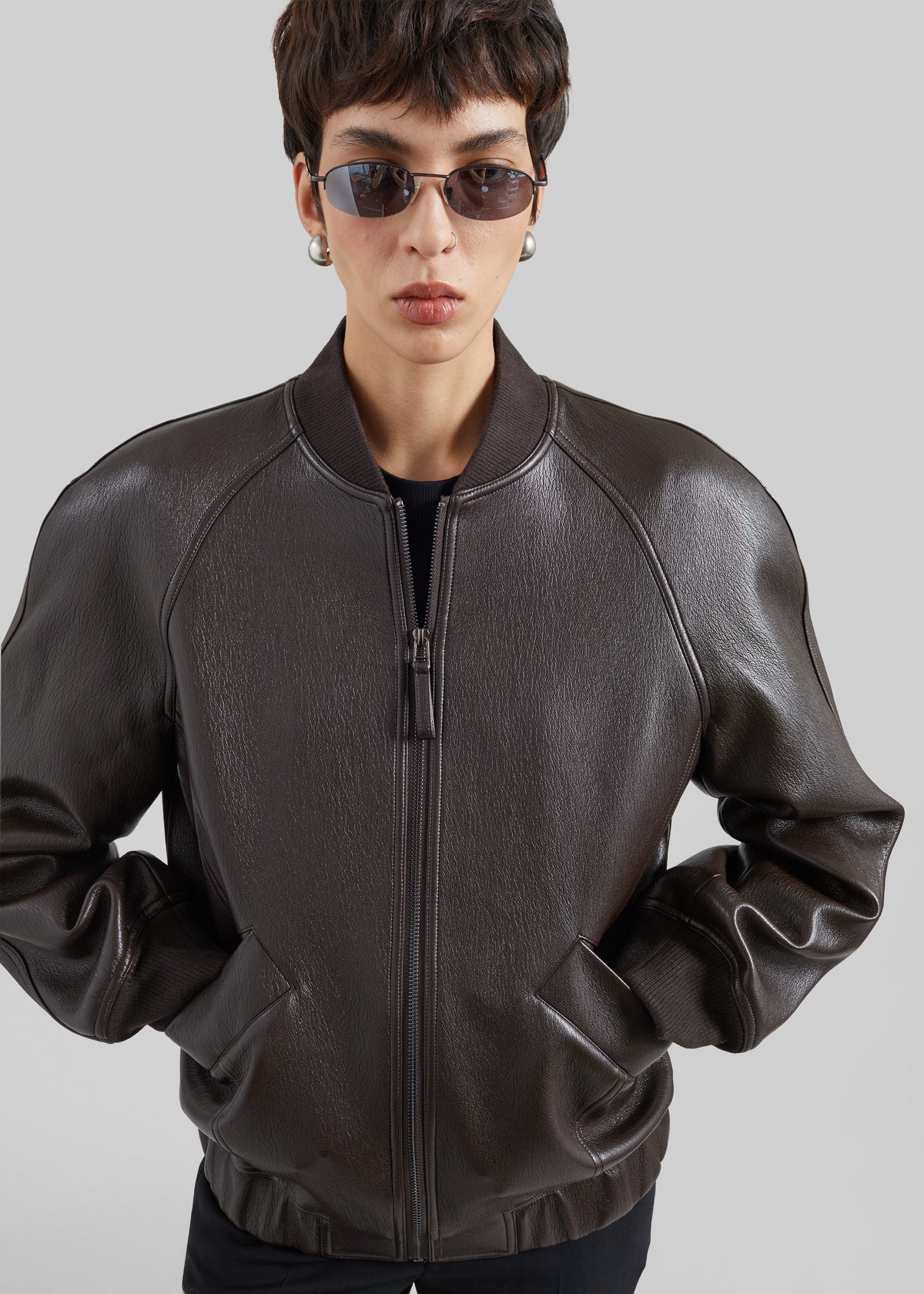 Alena Faux Leather Bomber Jacket - Dark Brown - 4