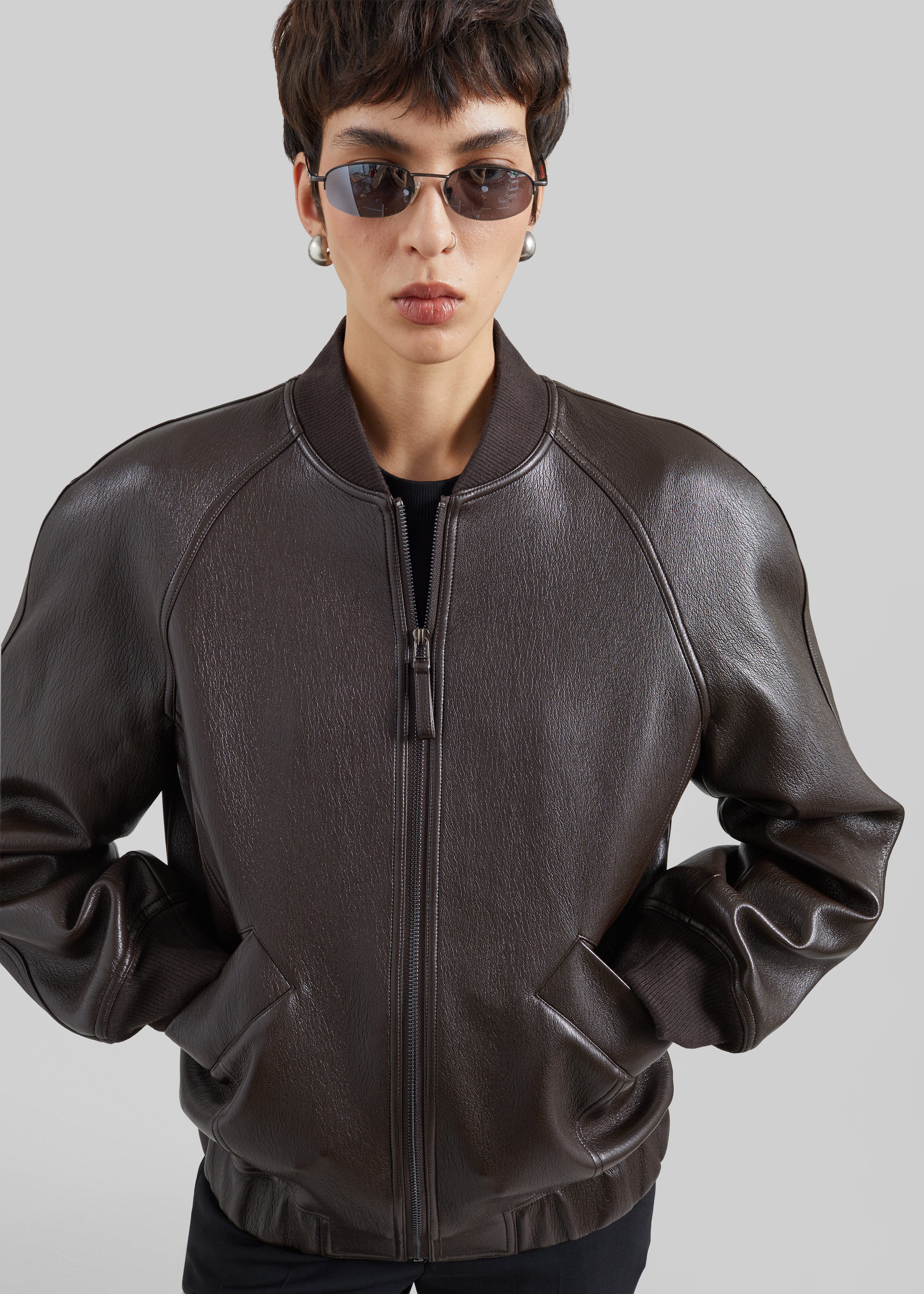 Alena Faux Leather Bomber Jacket - Dark Brown - 4