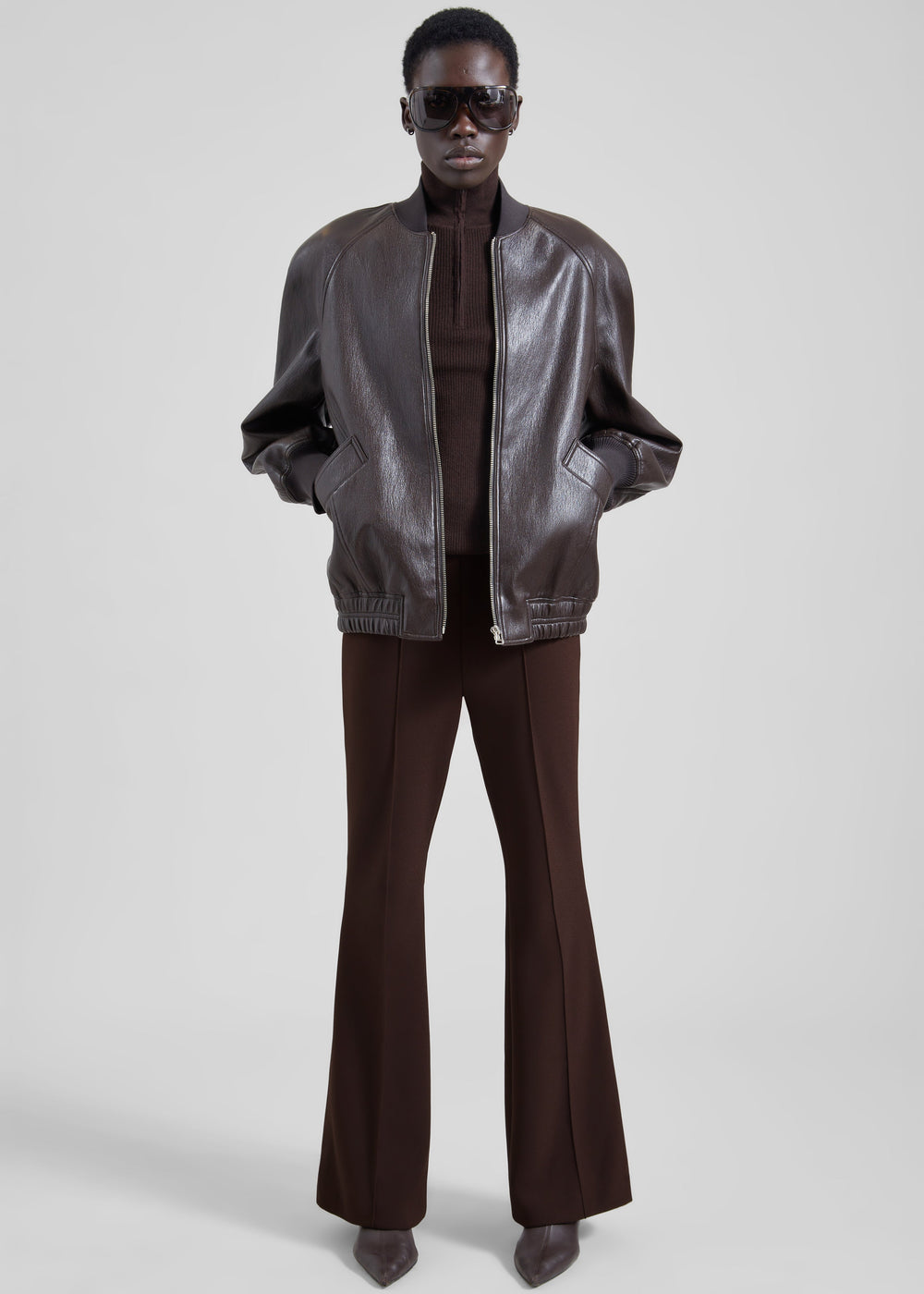 Alena Faux Leather Bomber Jacket - Dark Brown - 1