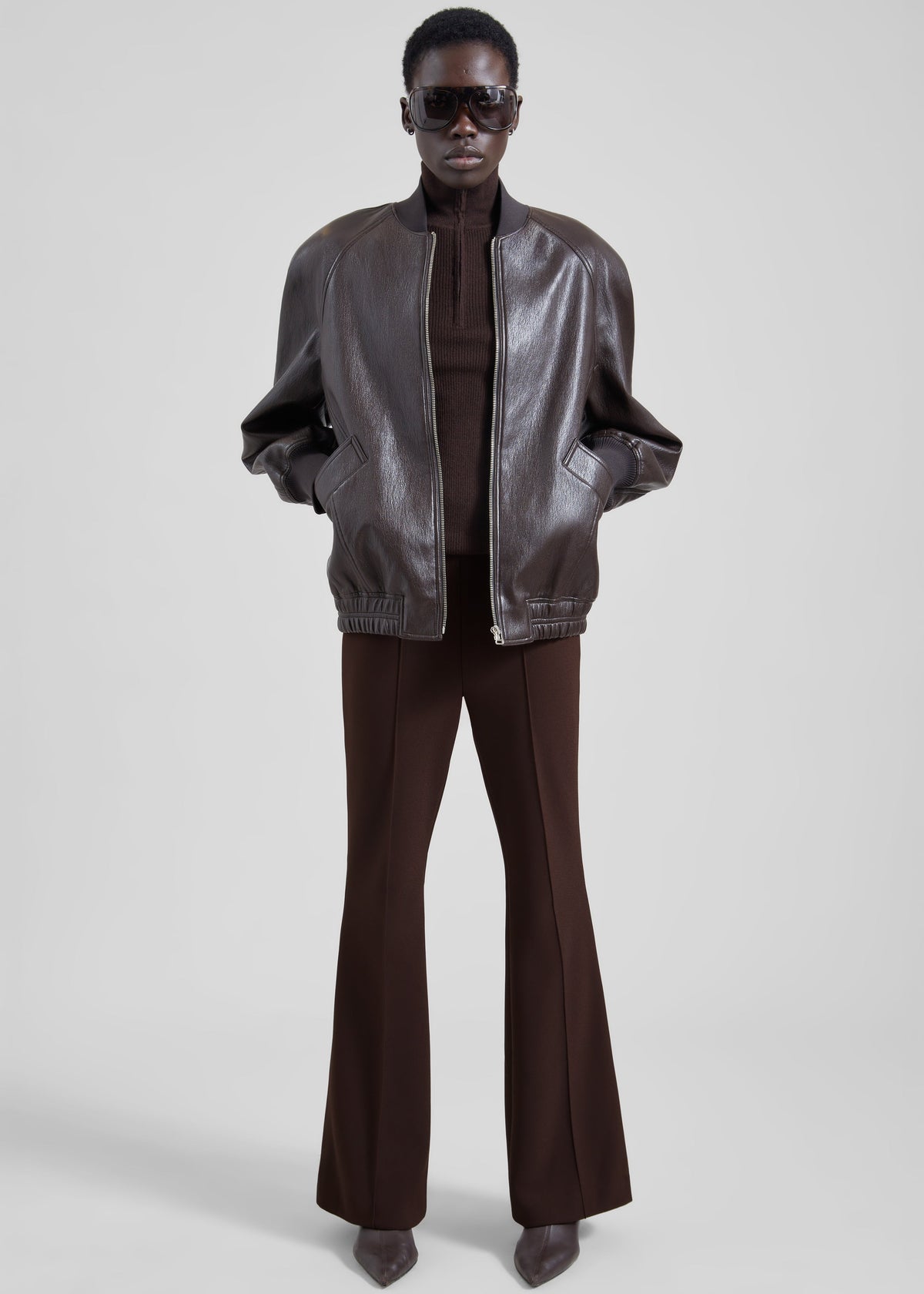 Alena Faux Leather Bomber Jacket - Dark Brown - 2