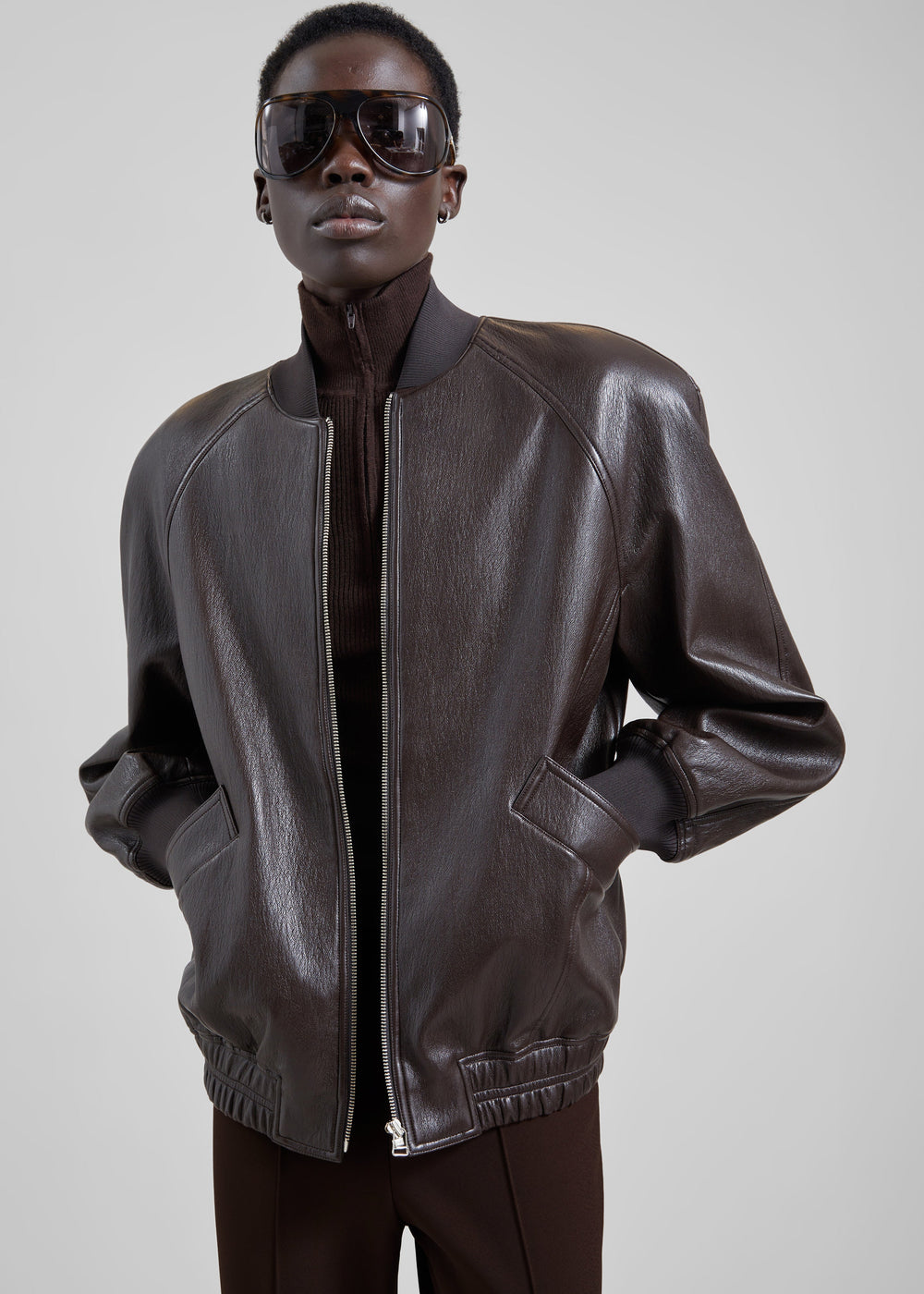 Alena Faux Leather Bomber Jacket - Dark Brown