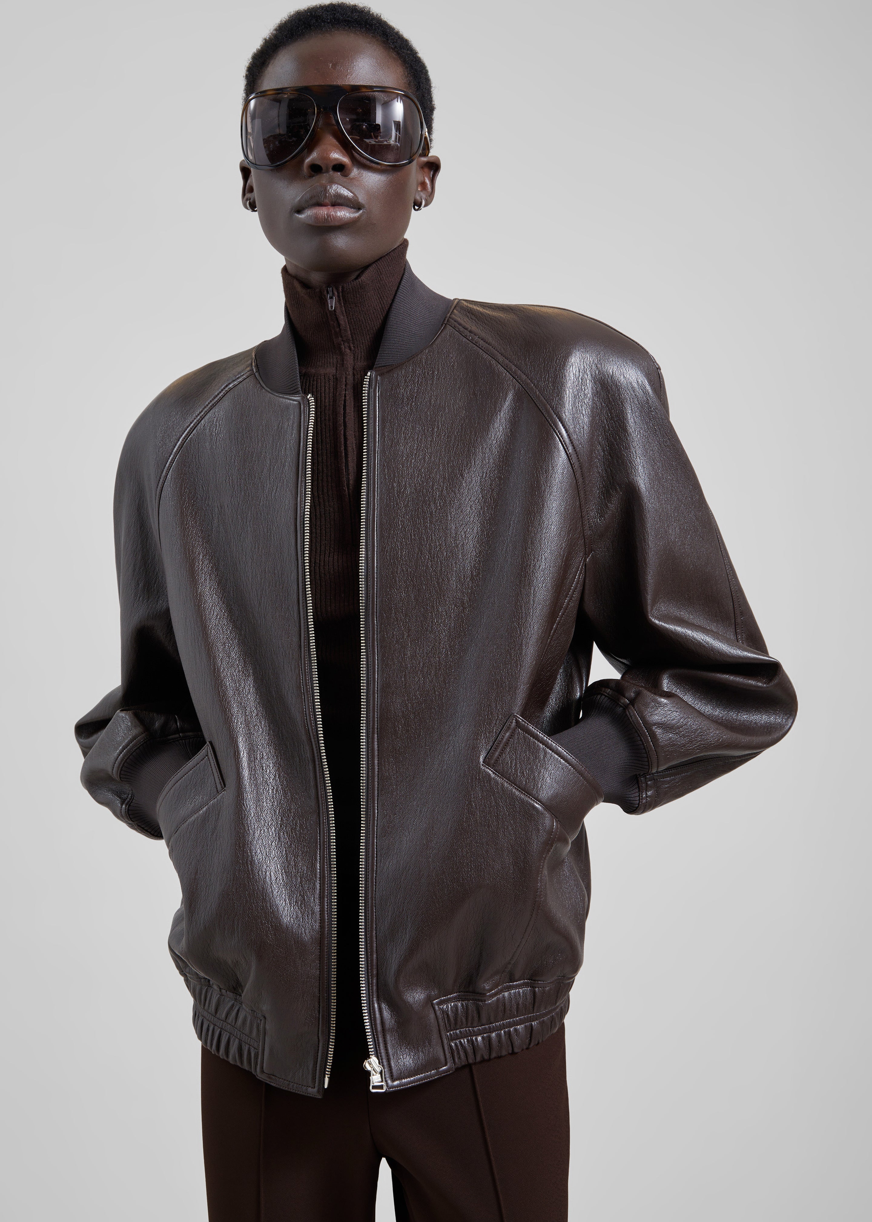 Alena Faux Leather Bomber Jacket - Dark Brown - 1