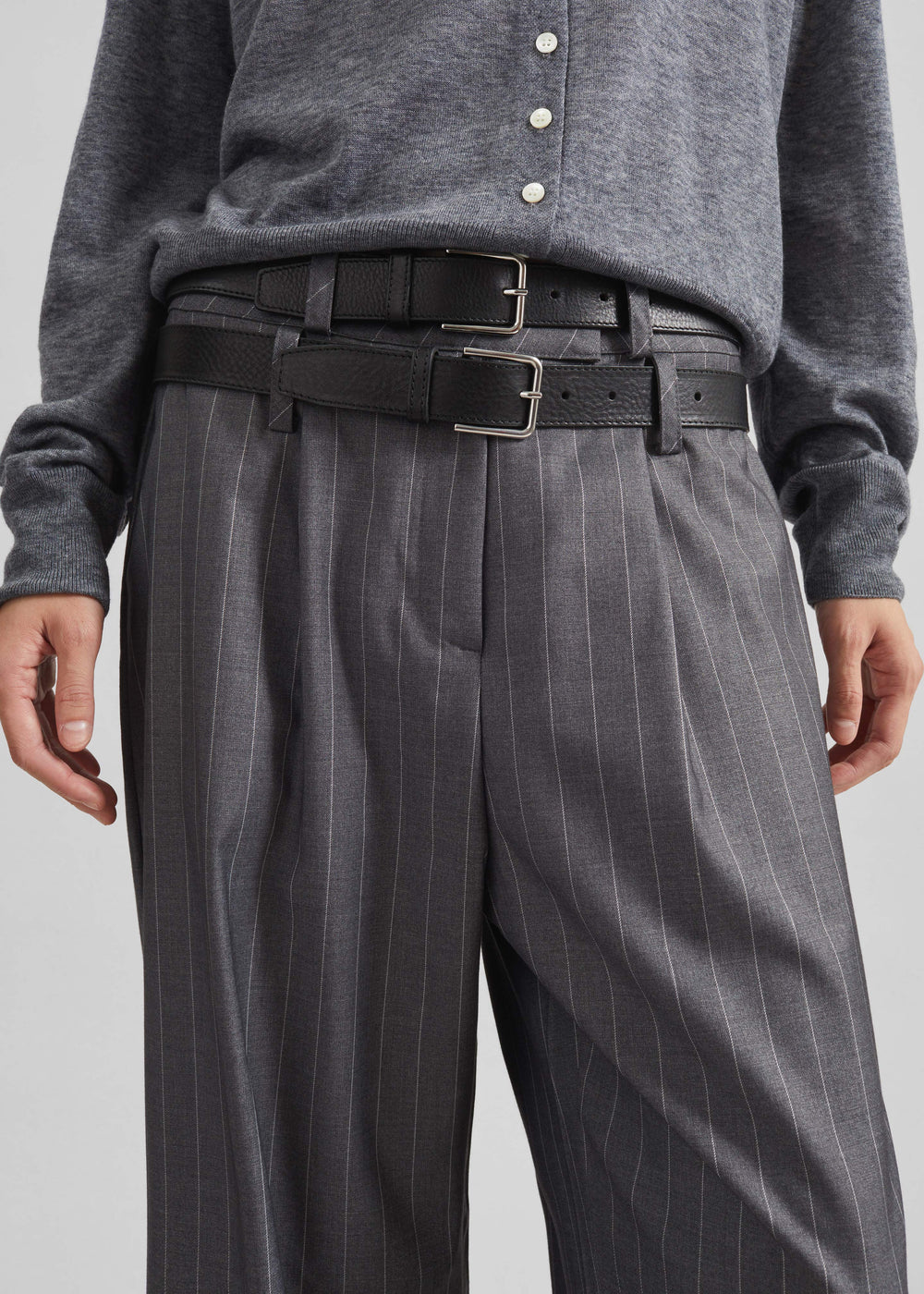 Alencon Double Belt-Loop Trousers - Grey/White Pinstripe - 1