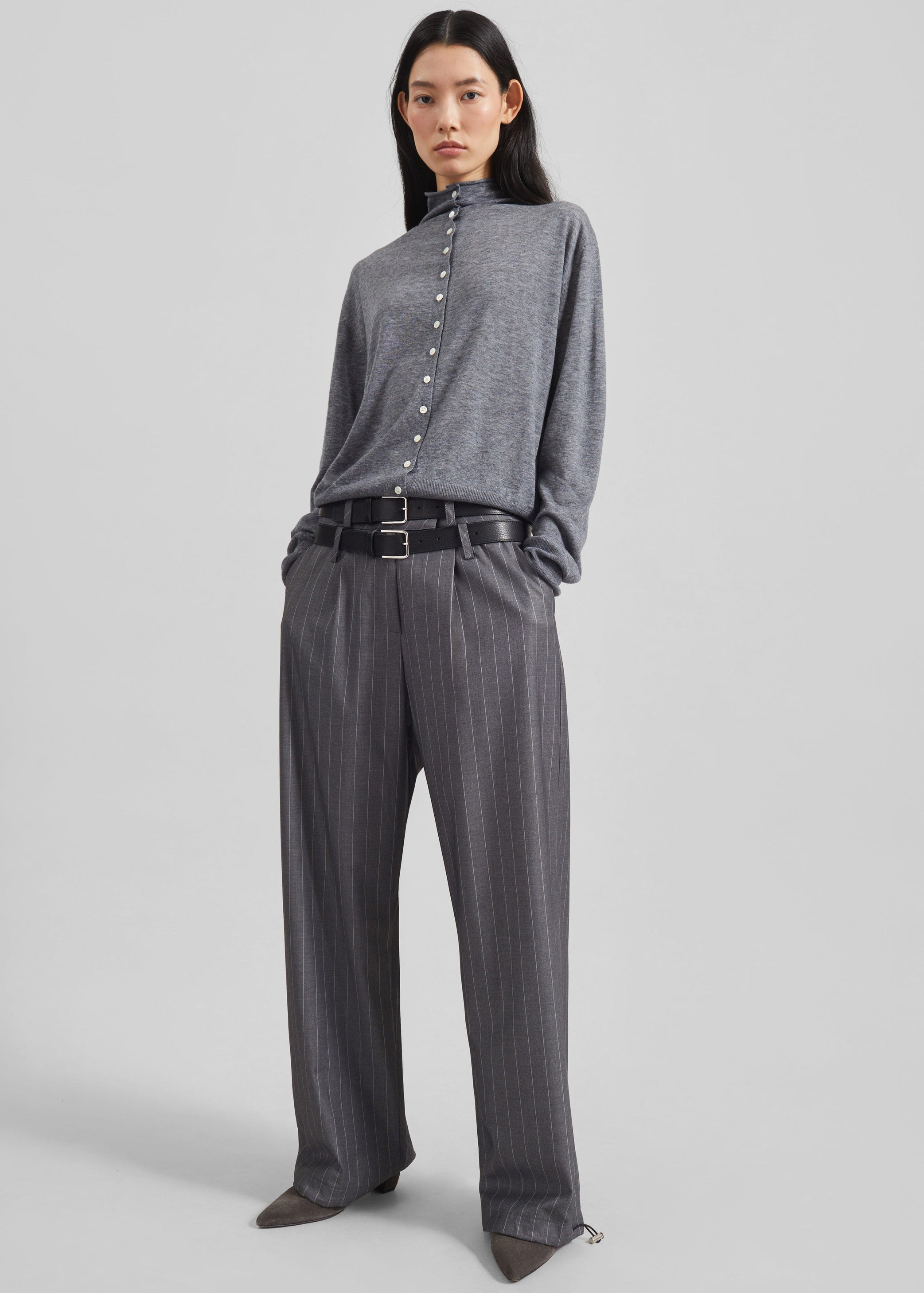 Shop the look image for Alencon Double Belt-Loop Trousers - Grey/White Pinstripe