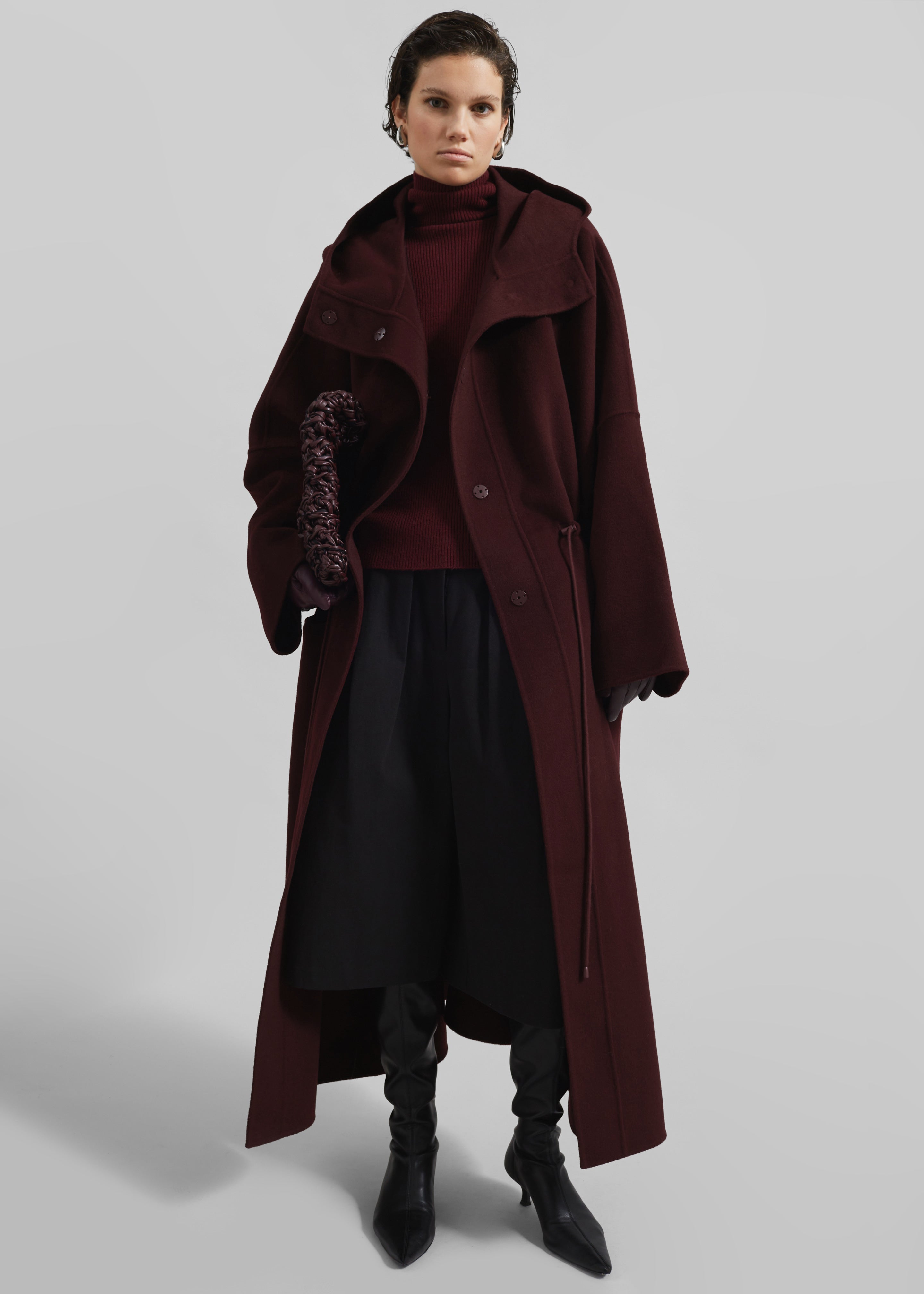 Alida Hooded Long Coat - Burgundy - 2