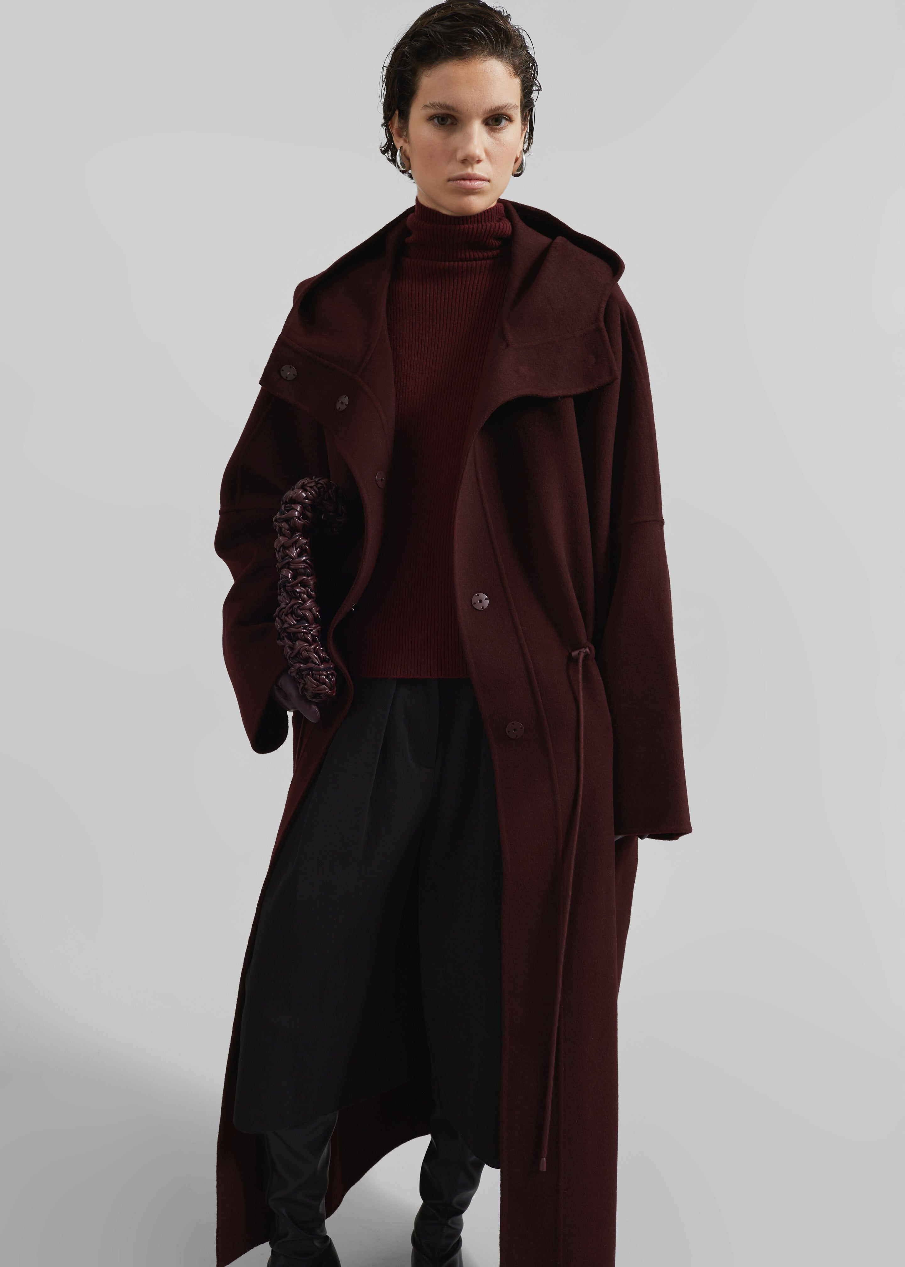 Alida Hooded Long Coat - Burgundy - 3