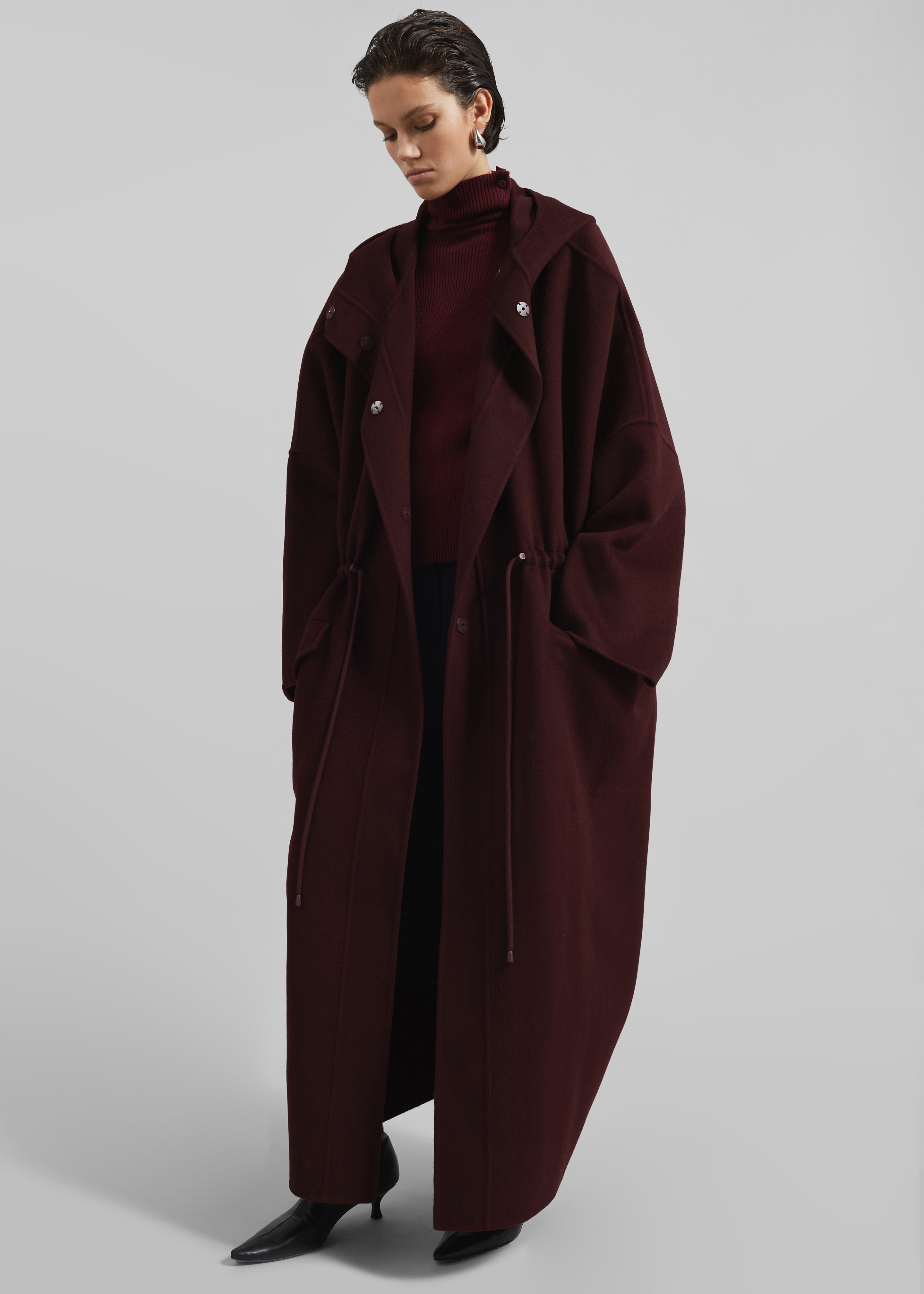 Alida Hooded Long Coat - Burgundy - 1