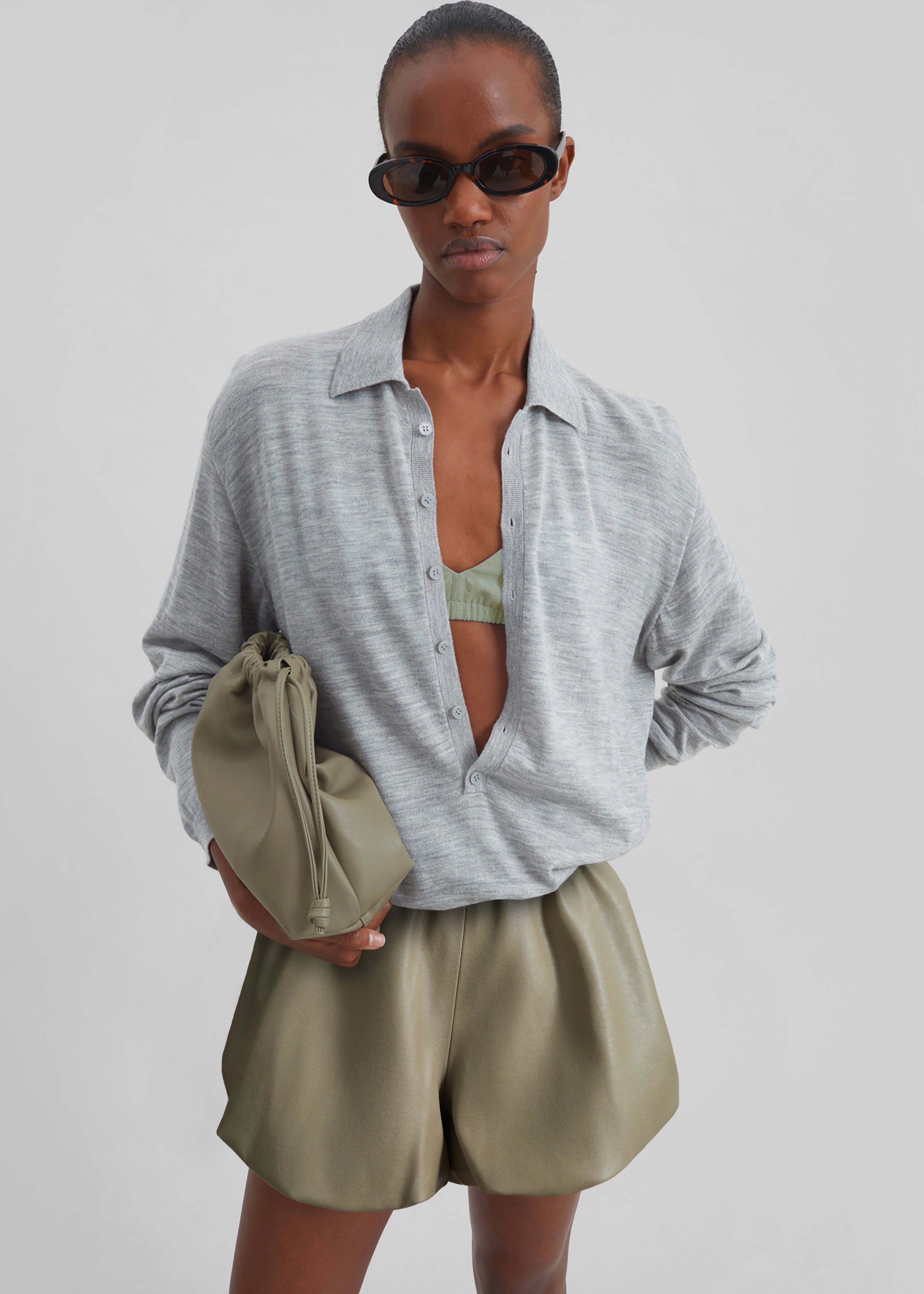 Alina Faux Leather Bubble Hem Shorts - Sage - 1