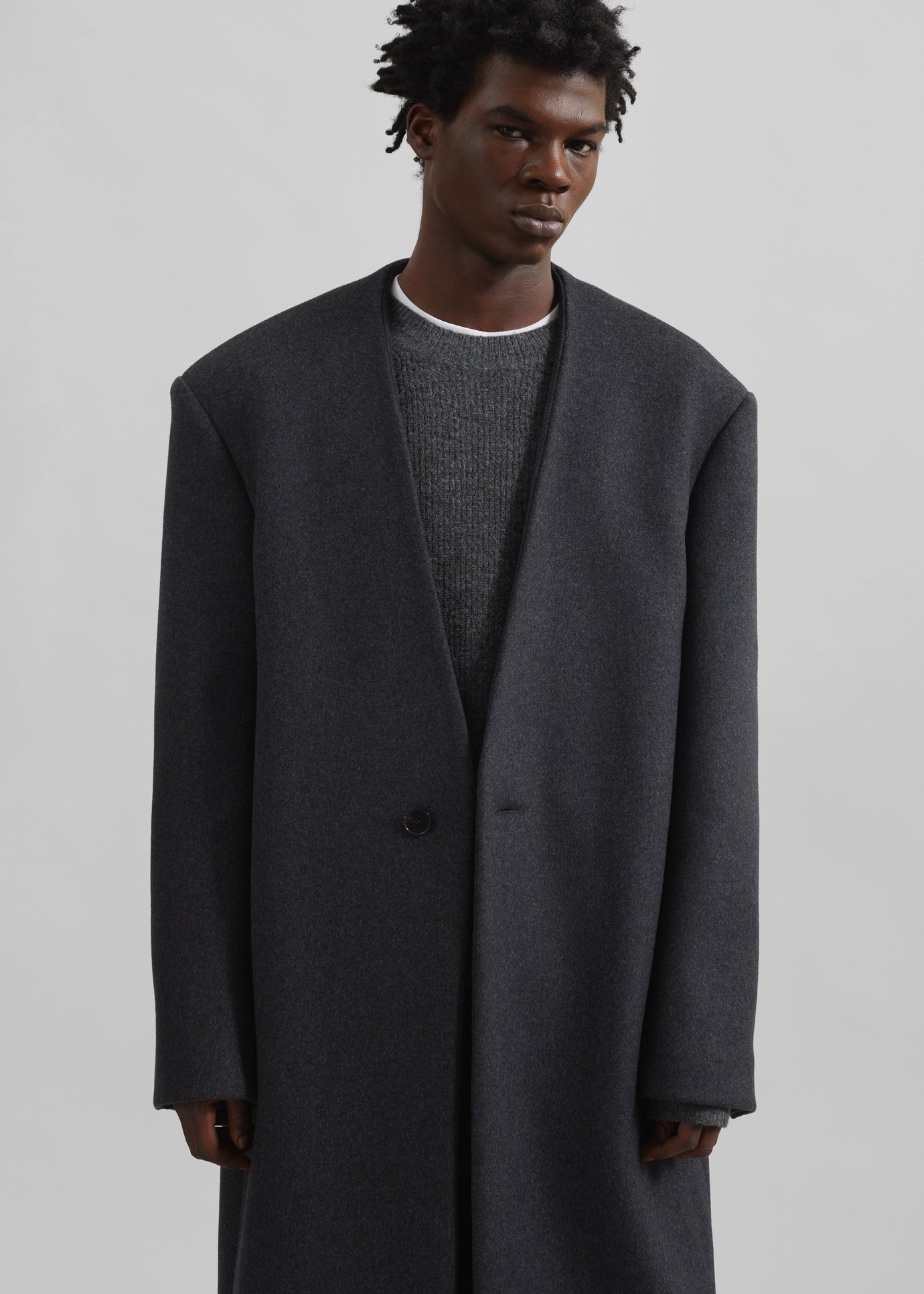 Alistar Collarless Wool Coat - Dark Grey Melange - 1