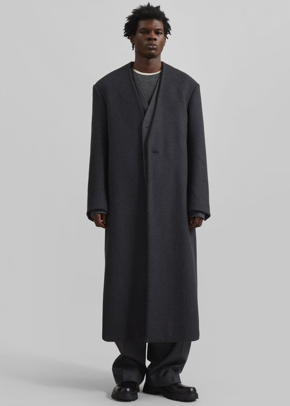 Alistar Collarless Wool Coat - Dark Grey Melange