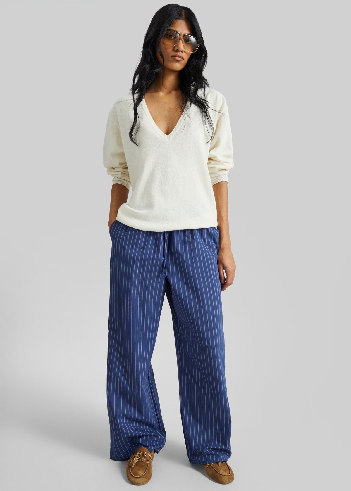 Almansa Drawstring Wide Pants - Blue Stripe - 1