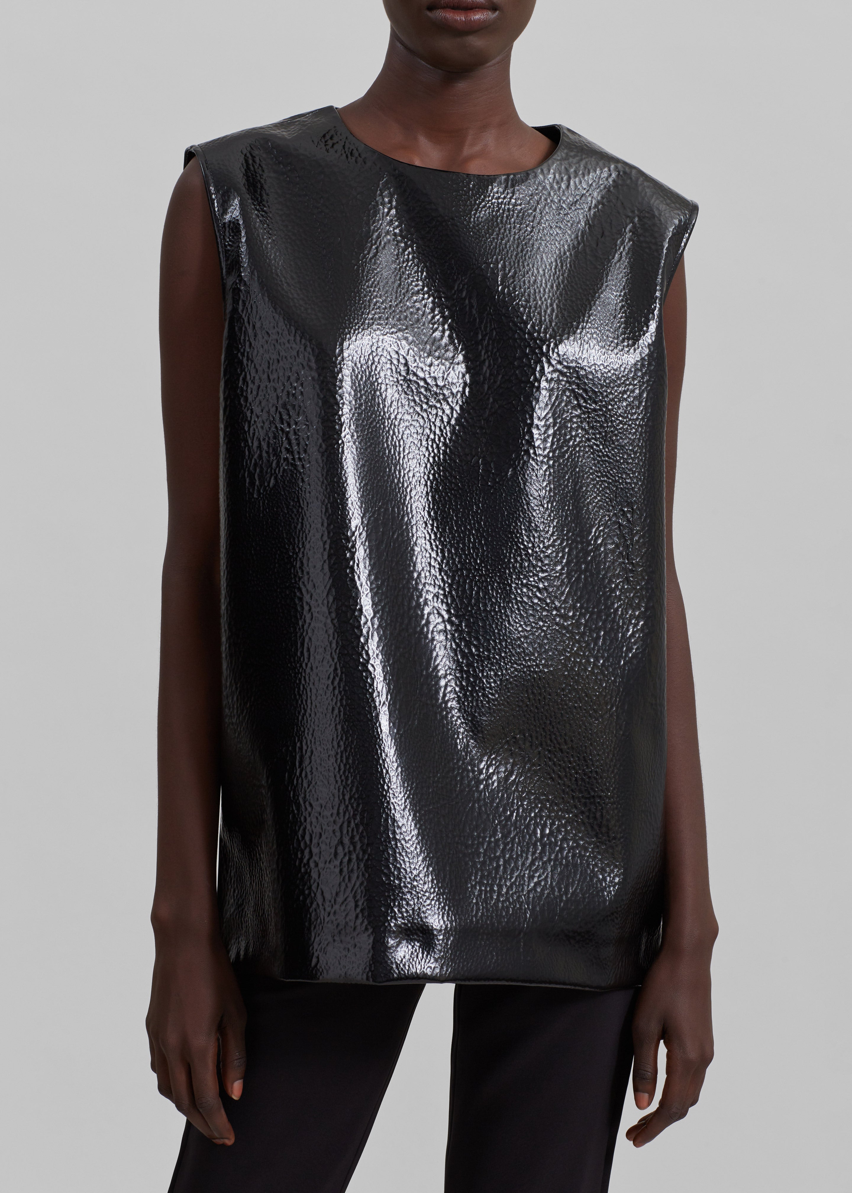 Amaris Crackled Faux Leather Tank Top - Black - 4