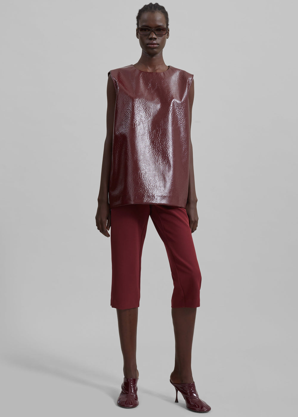 Amaris Crackled Faux Leather Tank Top - Burgundy - 1