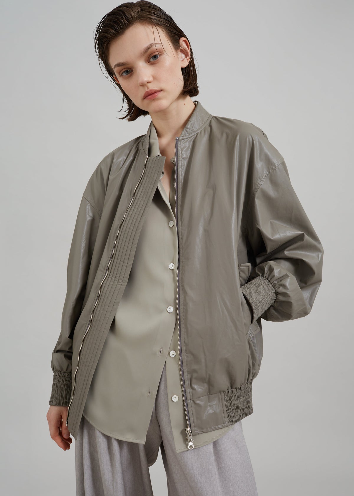 Amber Faux Leather Bomber - Khaki - 1