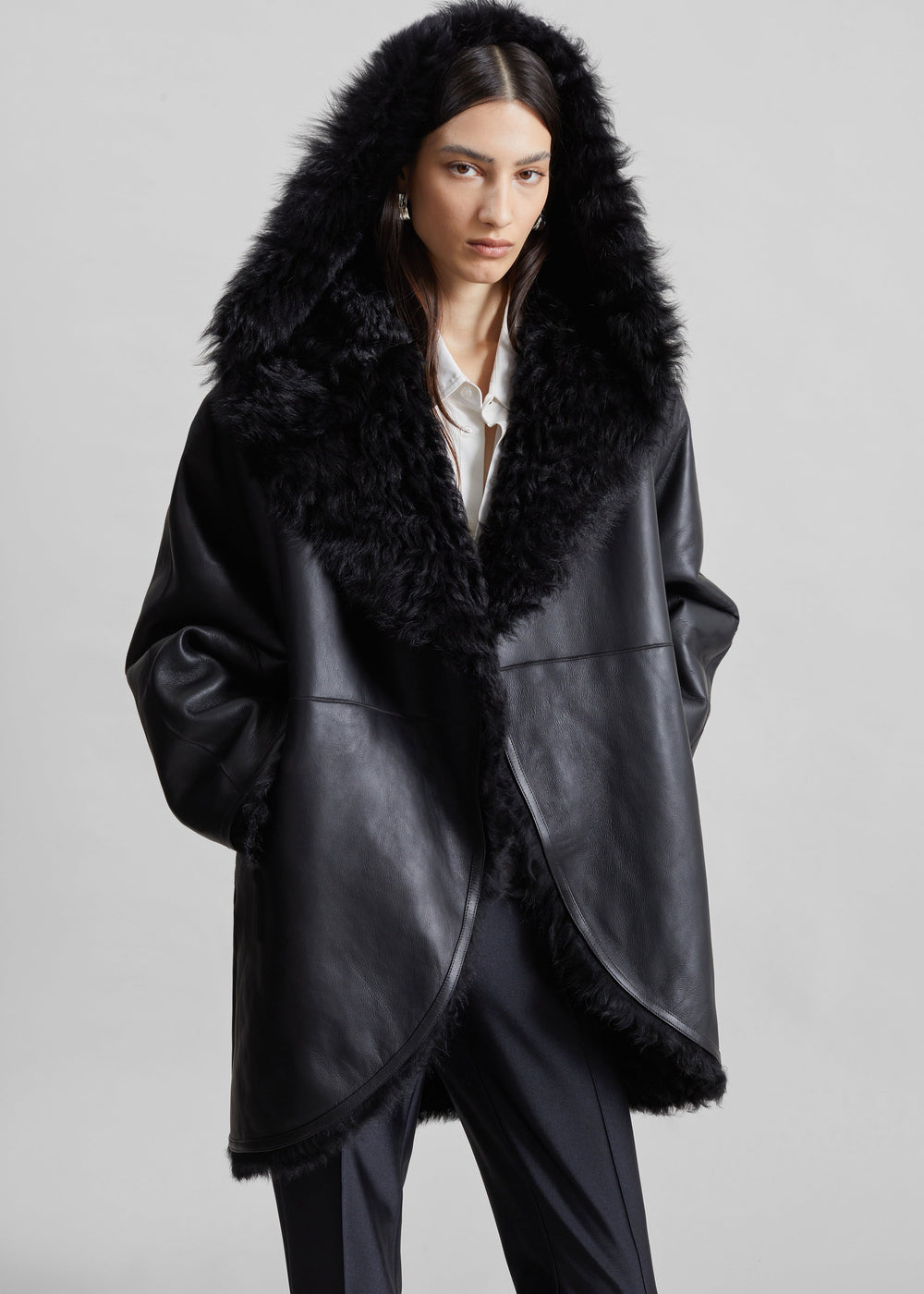 Ambra Shearling Hooded Short Coat - Black - 1