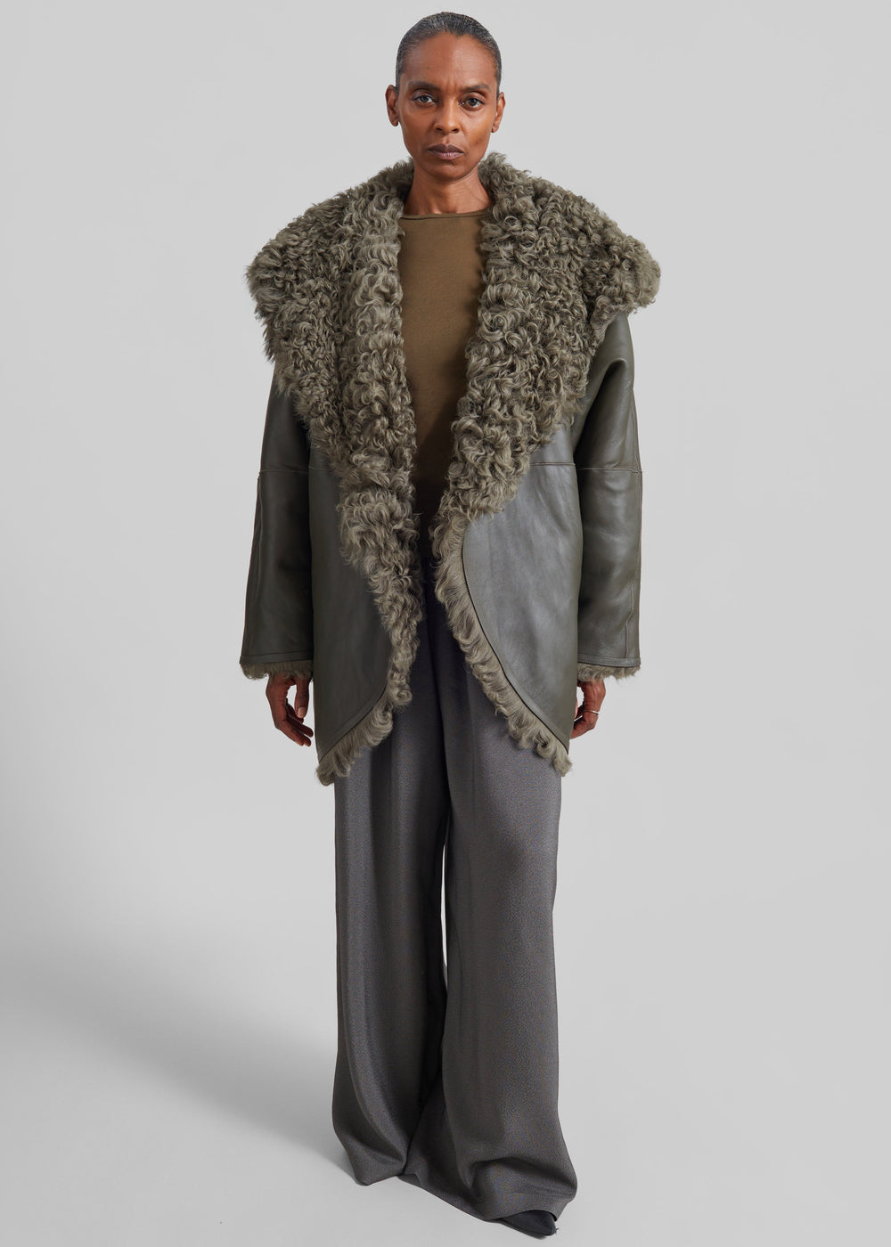 Ambra Shearling Hooded Short Coat - Dark Olive