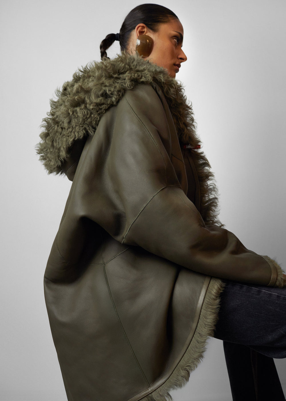 Ambra Shearling Hooded Short Coat - Dark Olive - 1