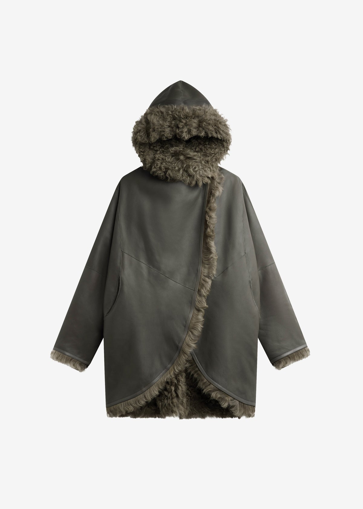Cappotto corto Ambra in shearling con cappuccio - Verde oliva scuro