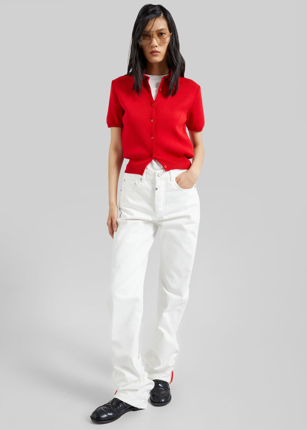 Amelot Knit Short Sleeve Cardigan - Red - 1