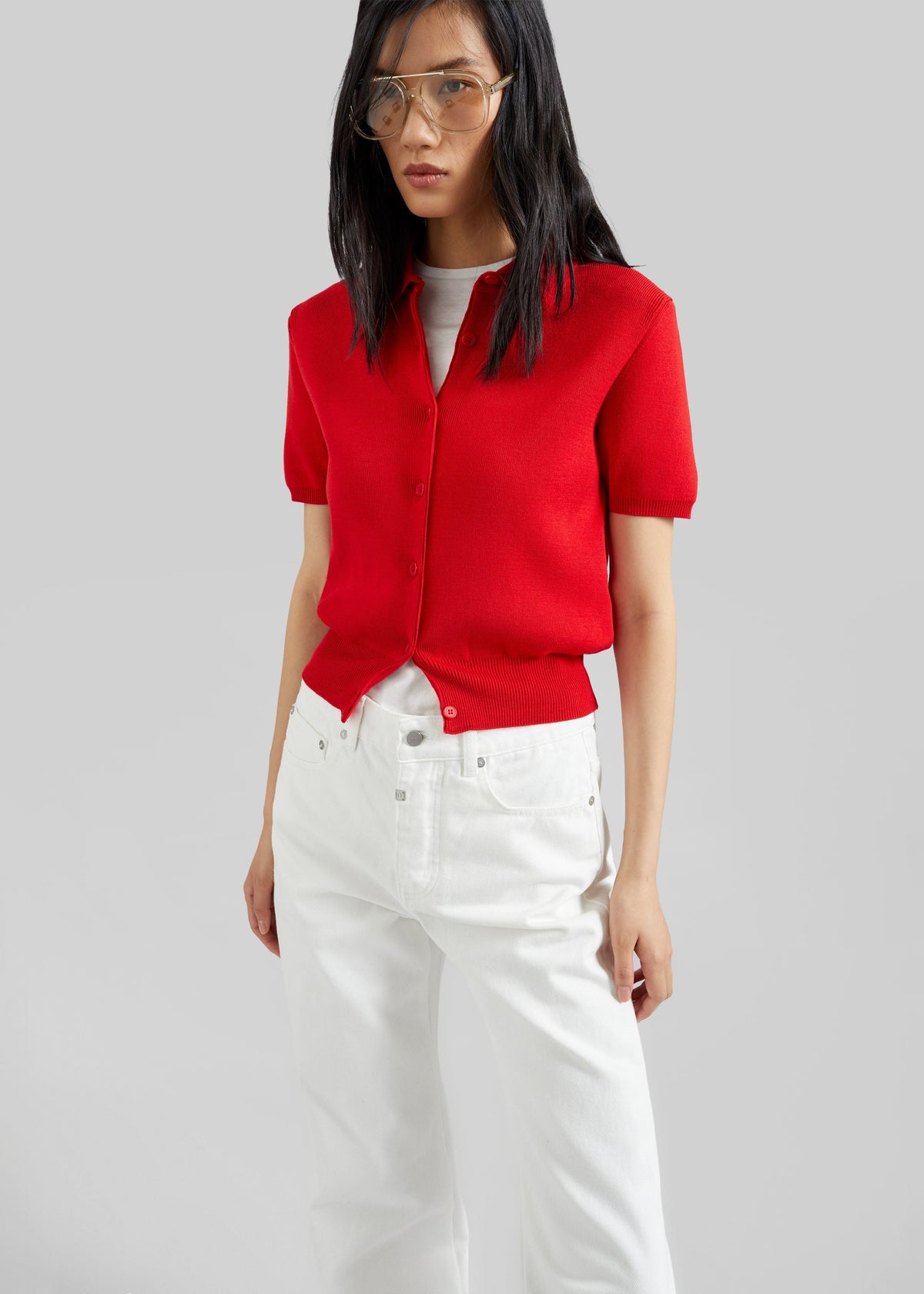 Amelot Knit Short Sleeve Cardigan - Red - 4