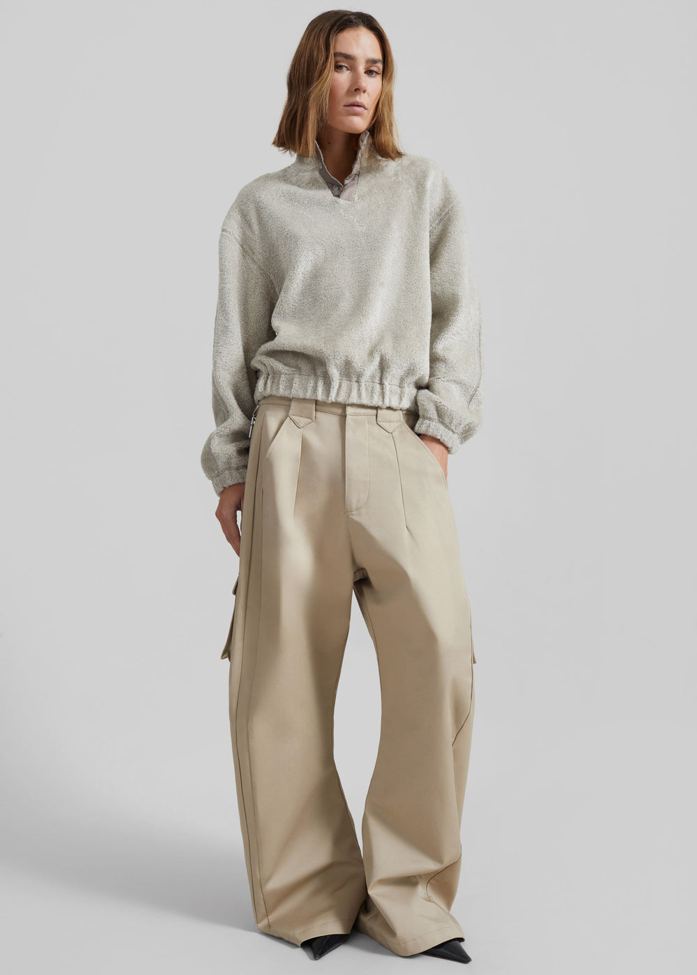 Amomento Fluffy Oversized Half Neck Pullover - Grey - 1